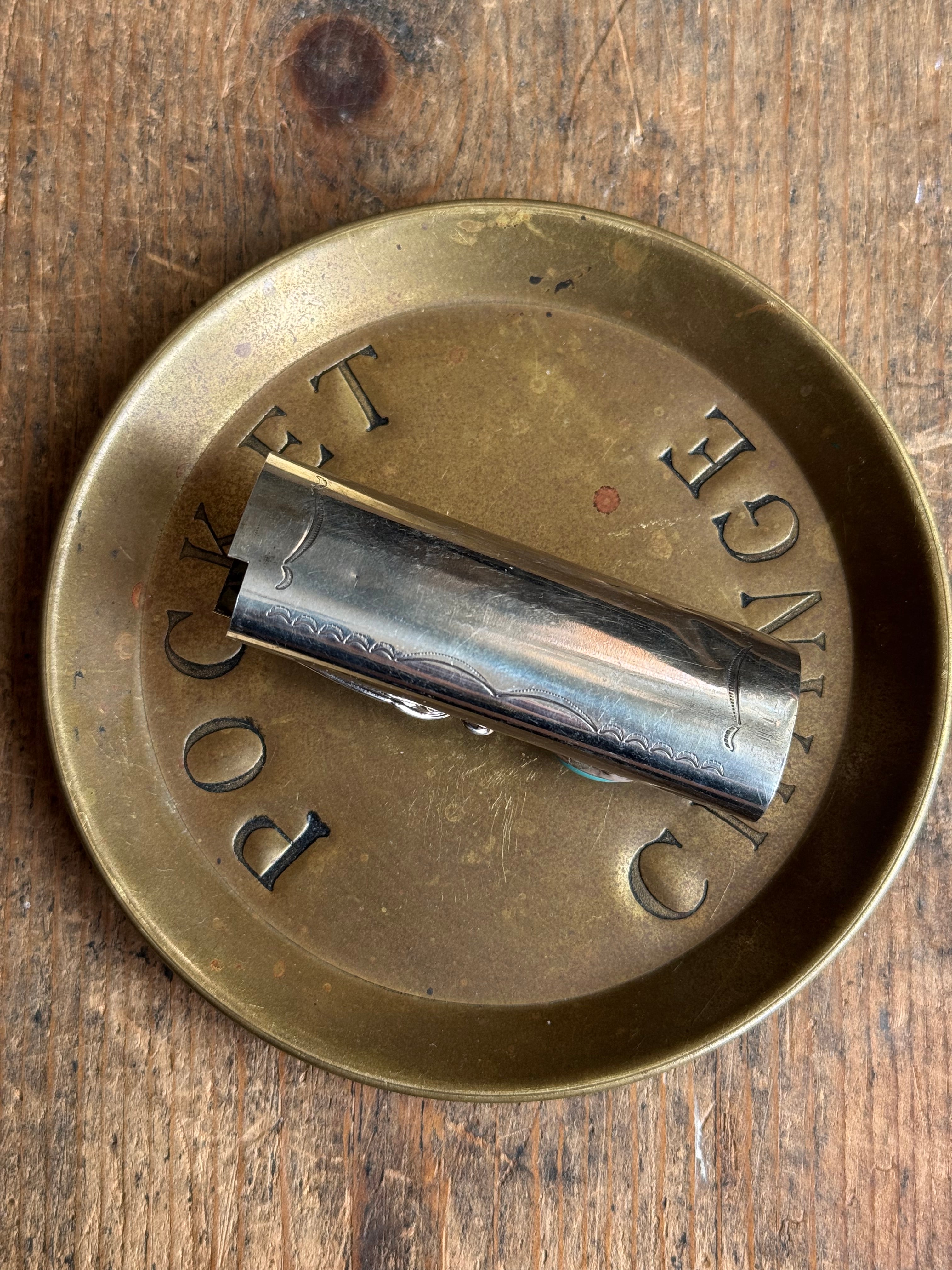 Vintage Stamped Nickel & Sterling Silver Turquoise Lighter Case