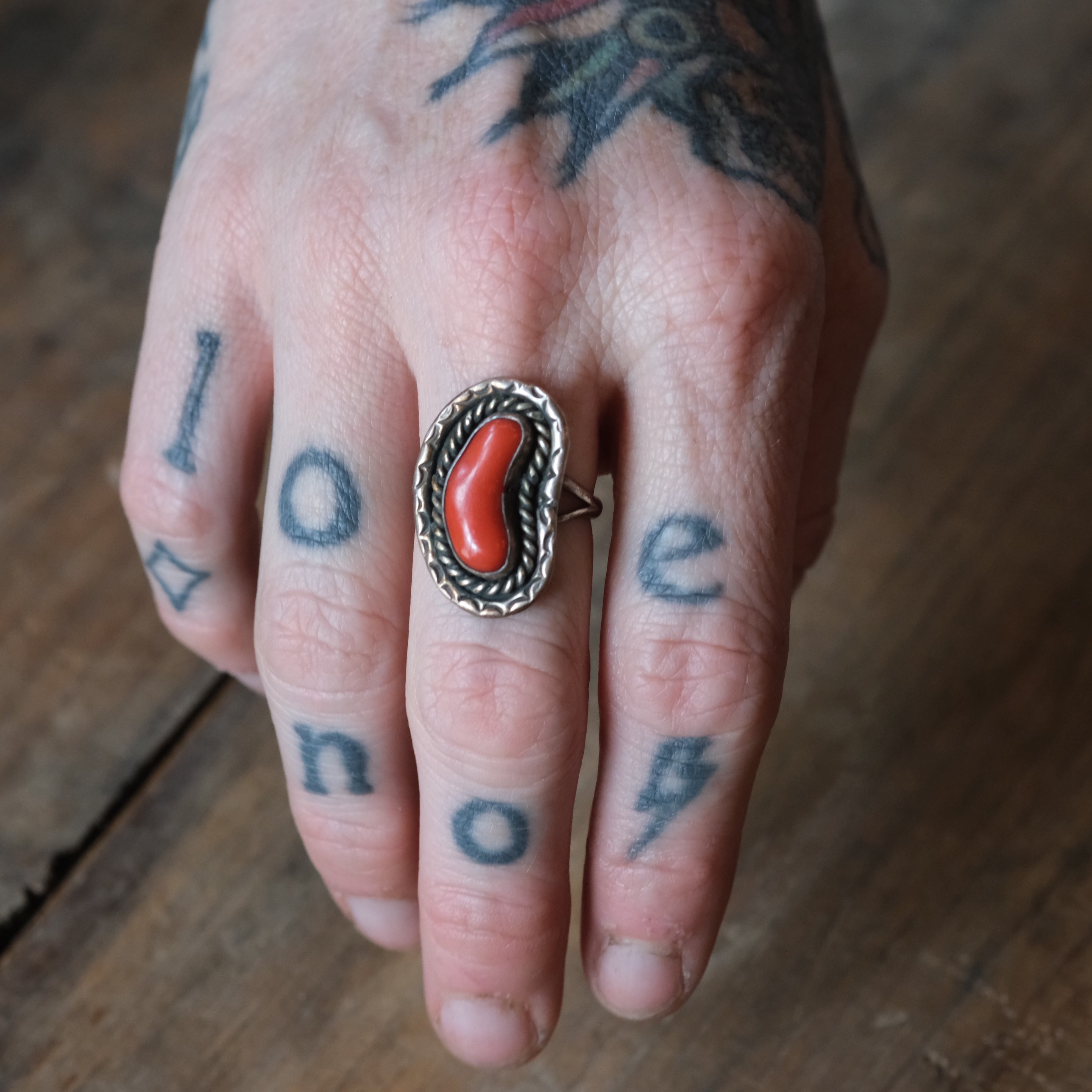 Vintage Sterling Coral Roper Ring 7