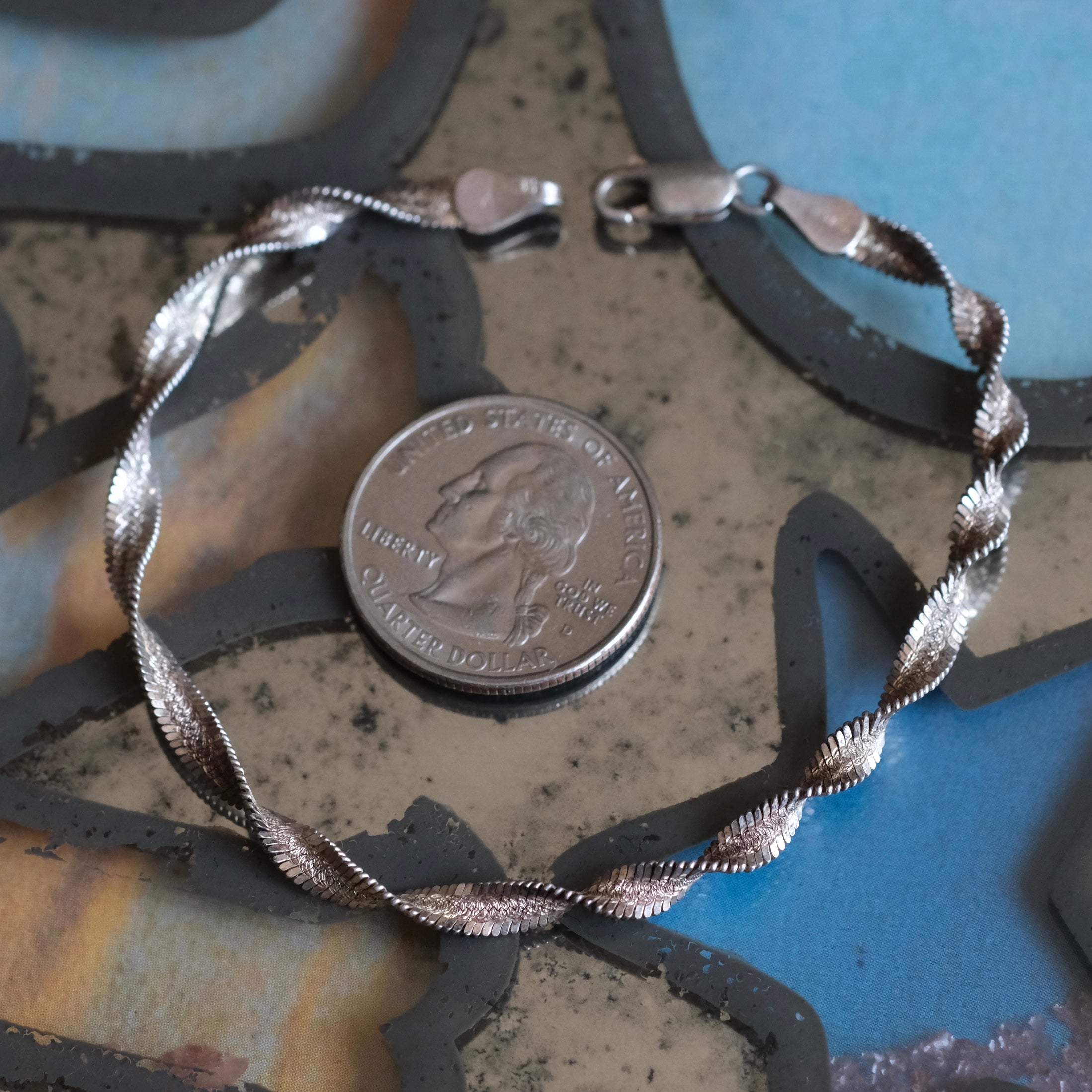 Vintage Sterling Silver Twisted Herringbone Chain Bracelet 7.5"