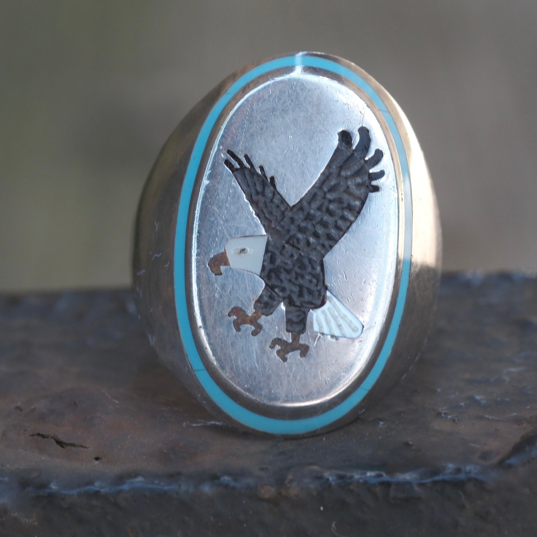Vintage Sterling Zuni Inlay Eagle Ring 10