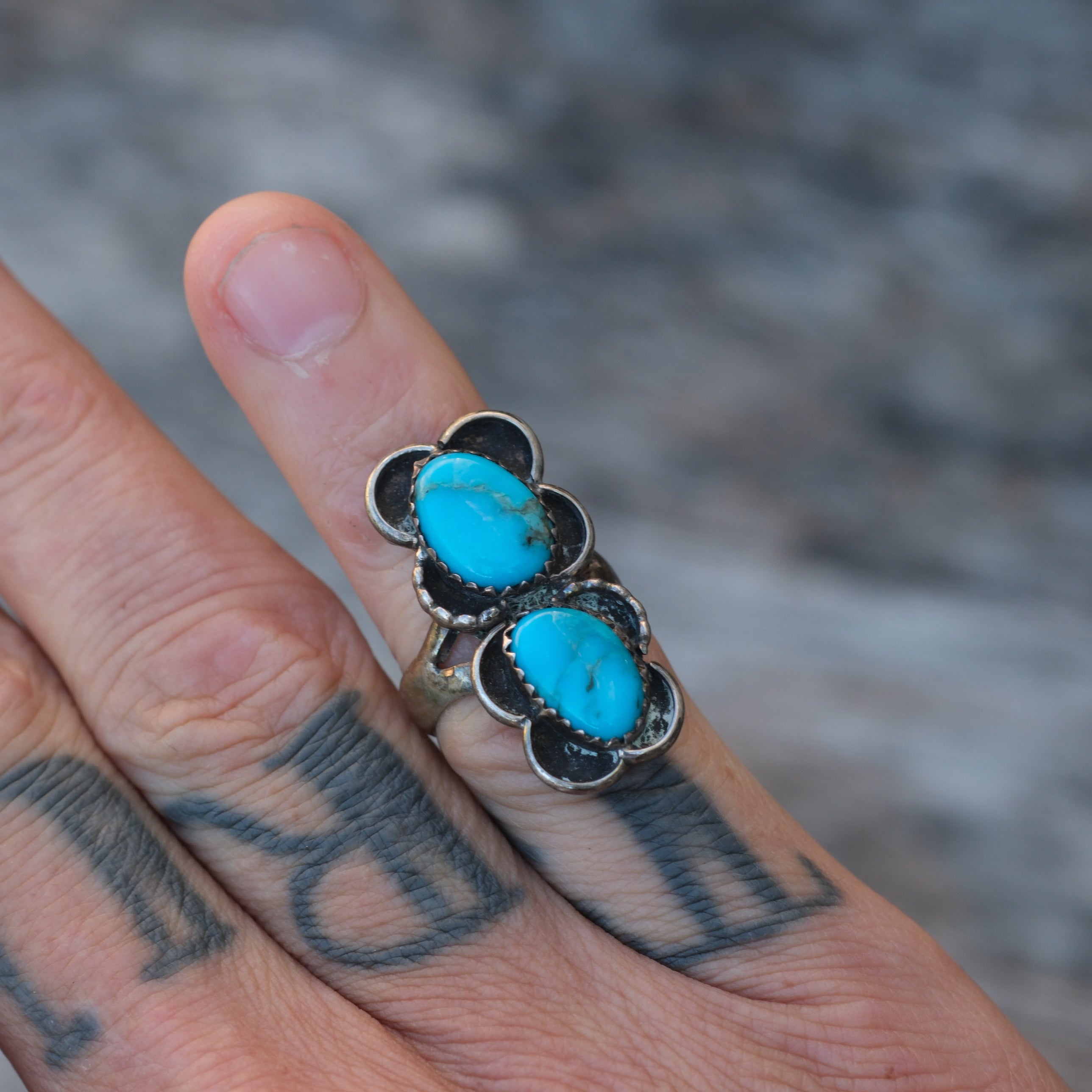 Vintage Sterling 2-Stone Turquoise Florette Ring 5