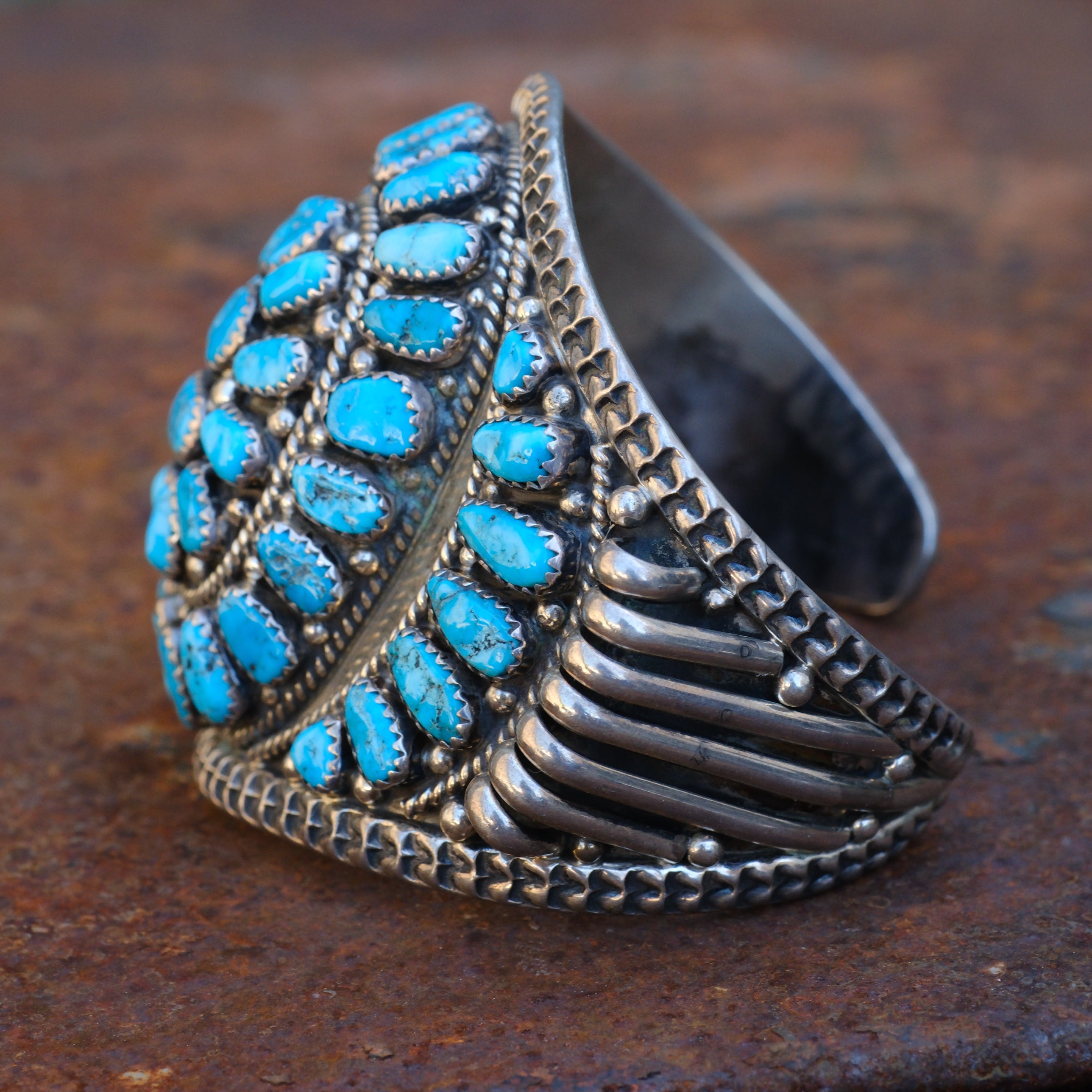 Huge Vintage Sterling Turquoise Inlay Cluster Cuff