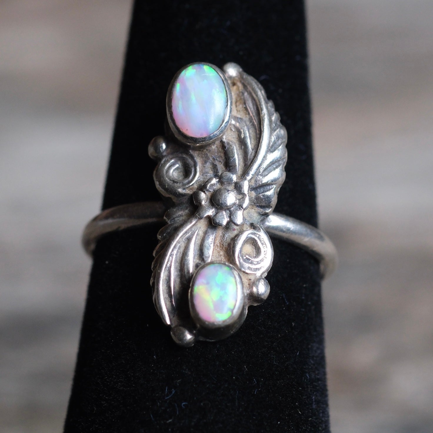 Vintage Sterling 2-Stone Opalite Feather Ring 5.5
