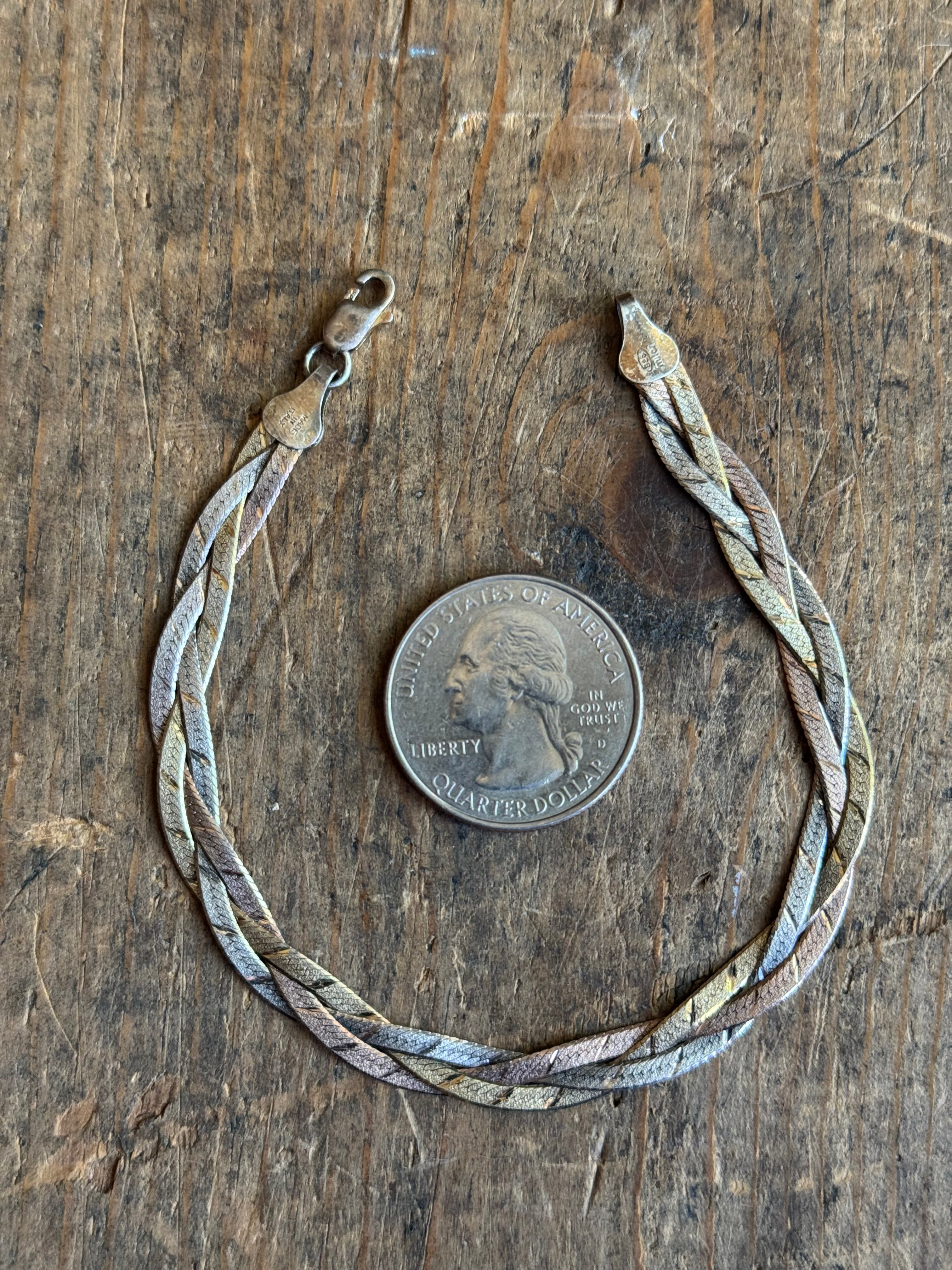 Vintage Sterling Silver Mixed-Tone Braided Herringbone Chain Bracelet 7.5"
