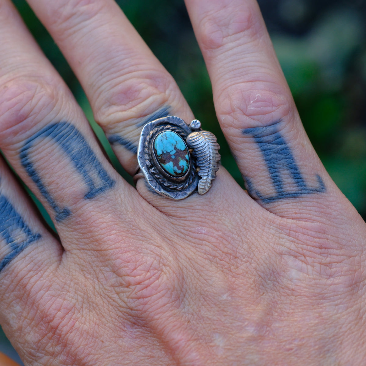 Vintage Sterling Turquoise Feather Ring 8