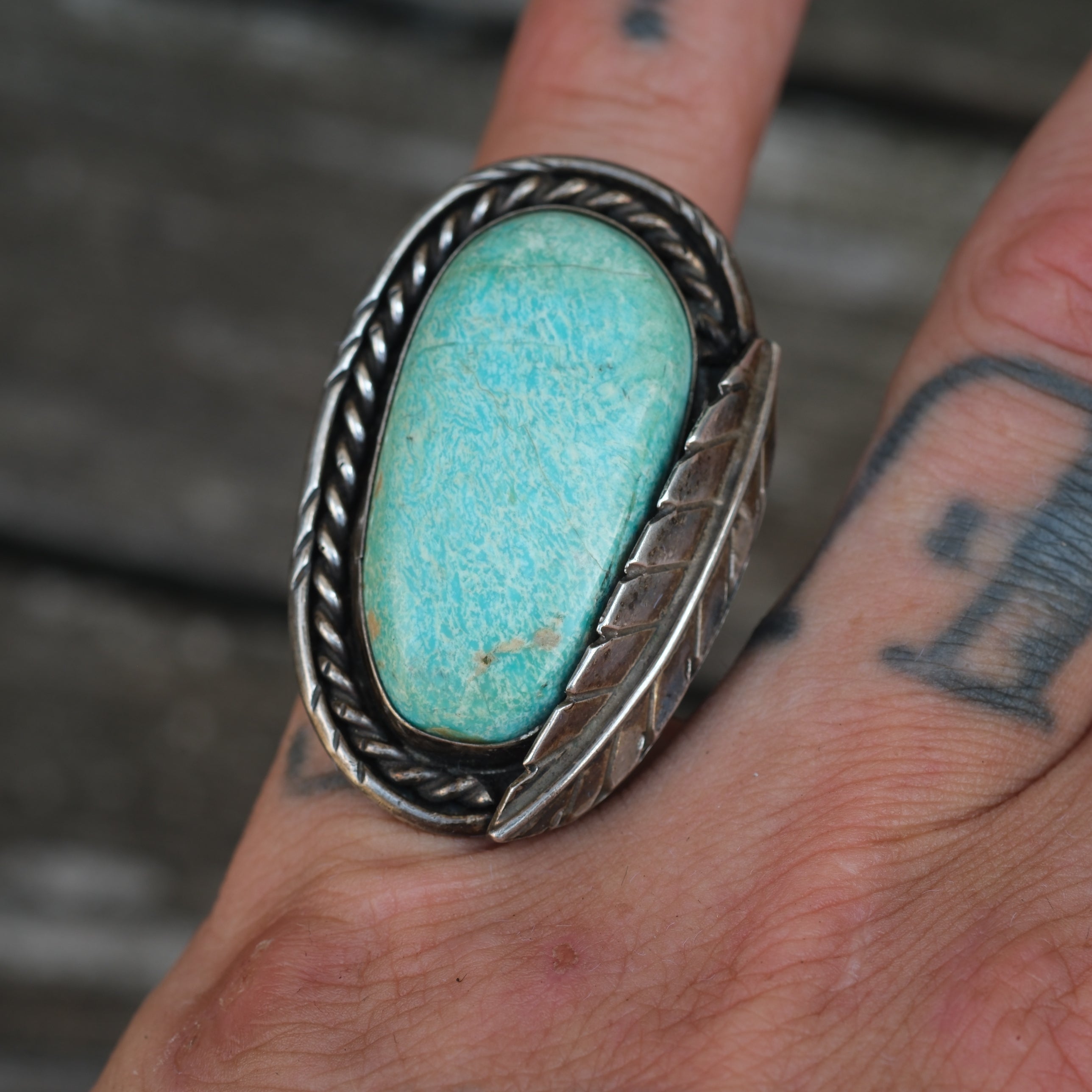 Vintage Sterling Turquoise Feather Ring 6
