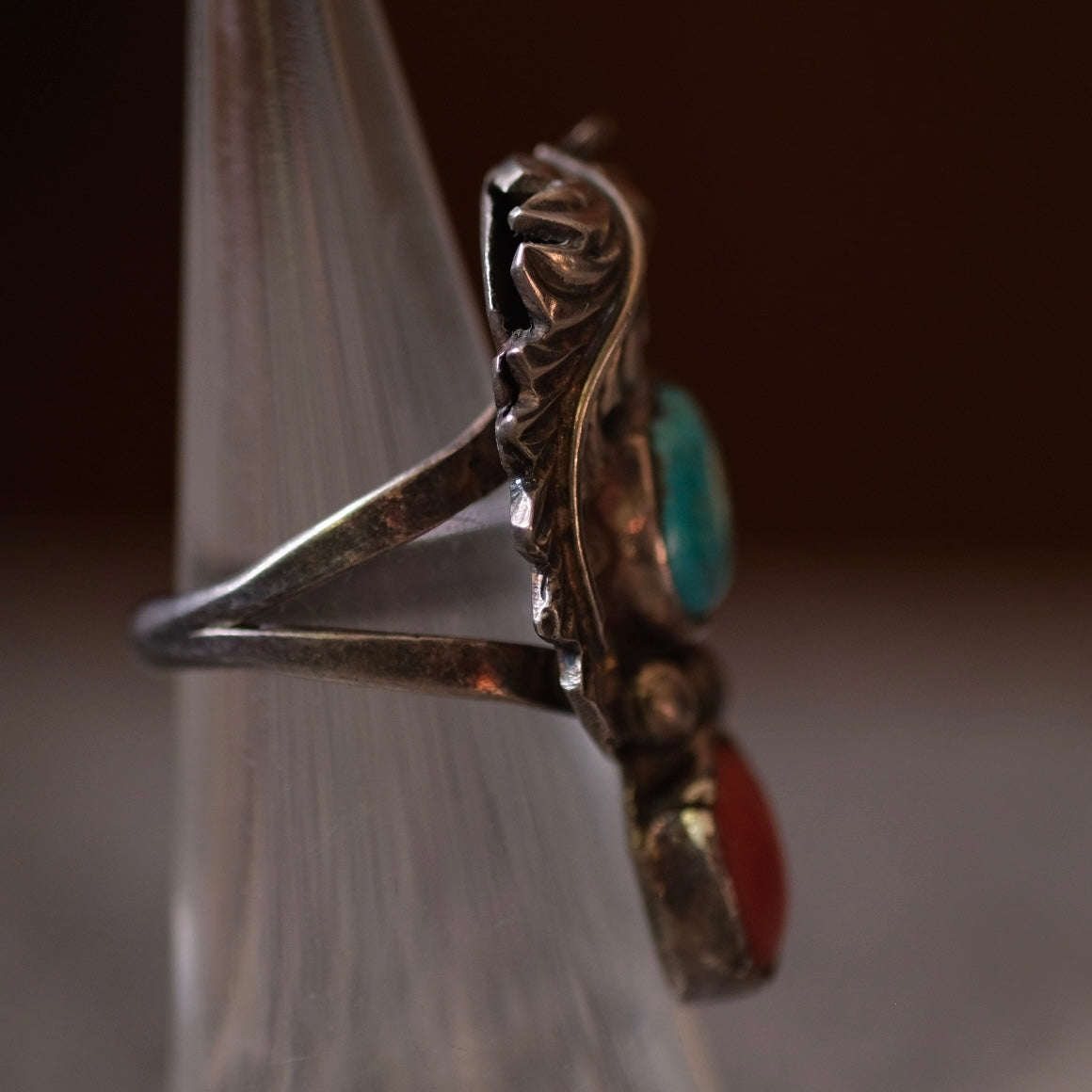Vintage Sterling Turquoise and Coral Feather Ring 5