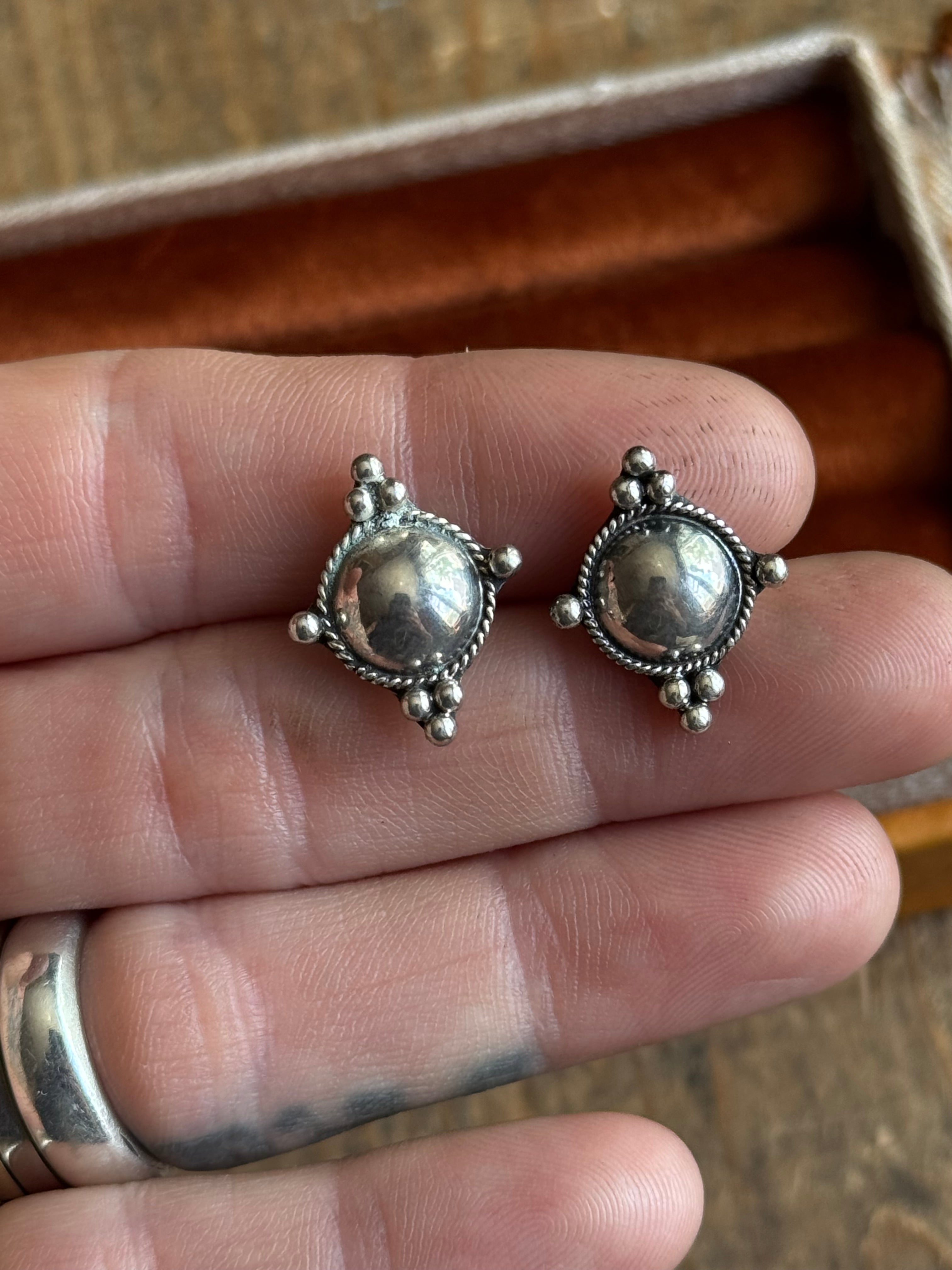 Vintage Sterling Silver Beaded Dome Earrings