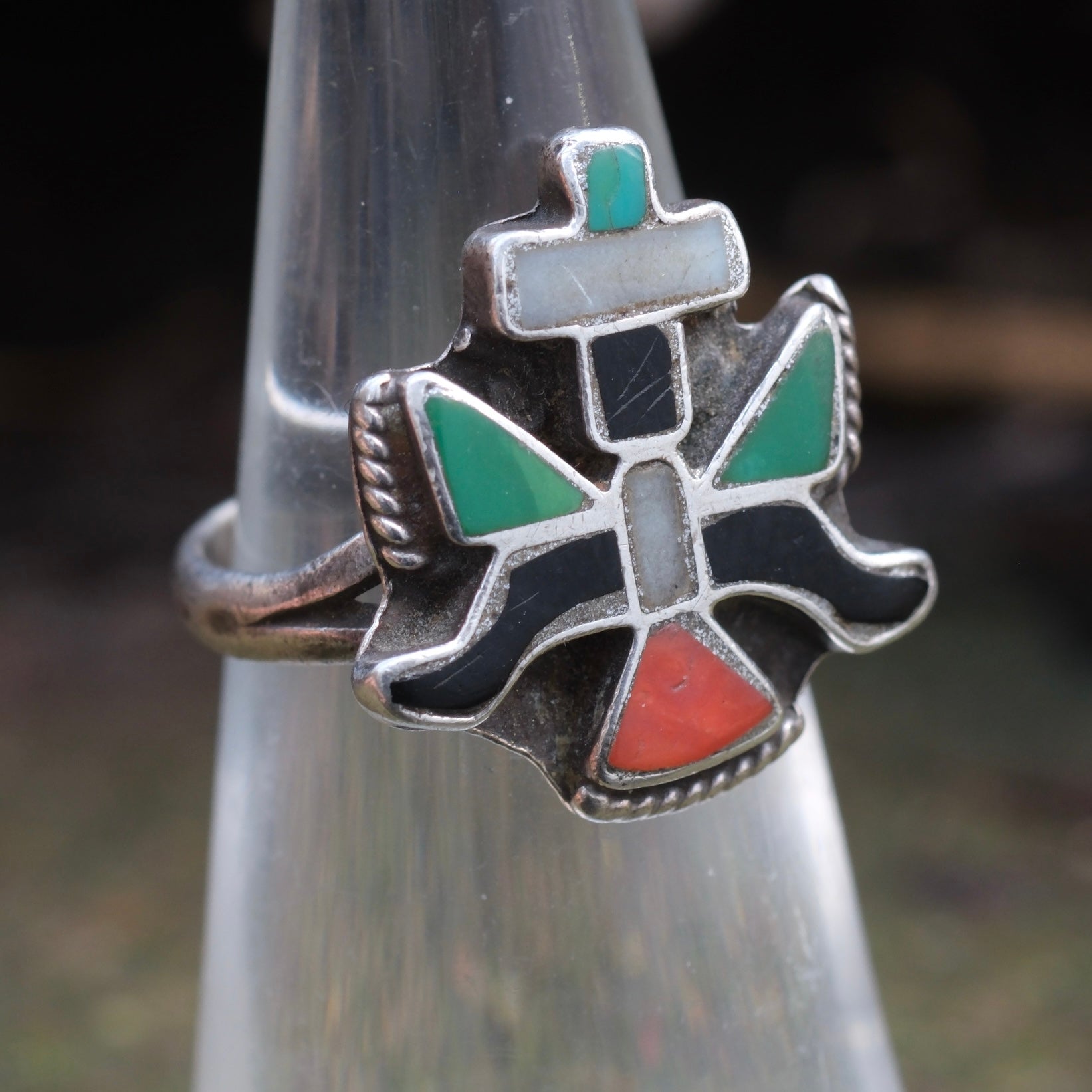 Vintage Sterling Multistone Inlay Kachina Ring 4.75