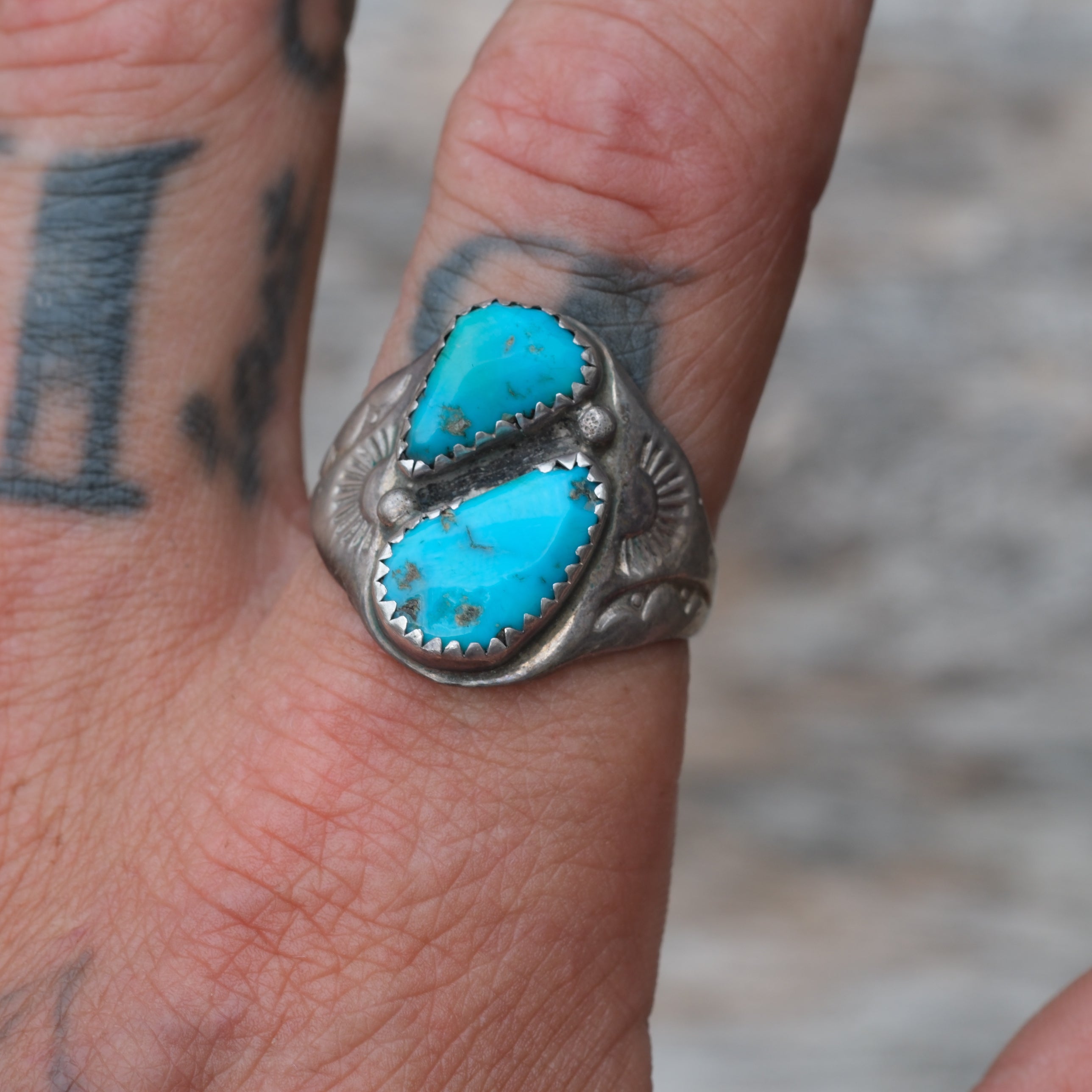 Vintage Sterling 2-Stone Turquoise Ring 11.5