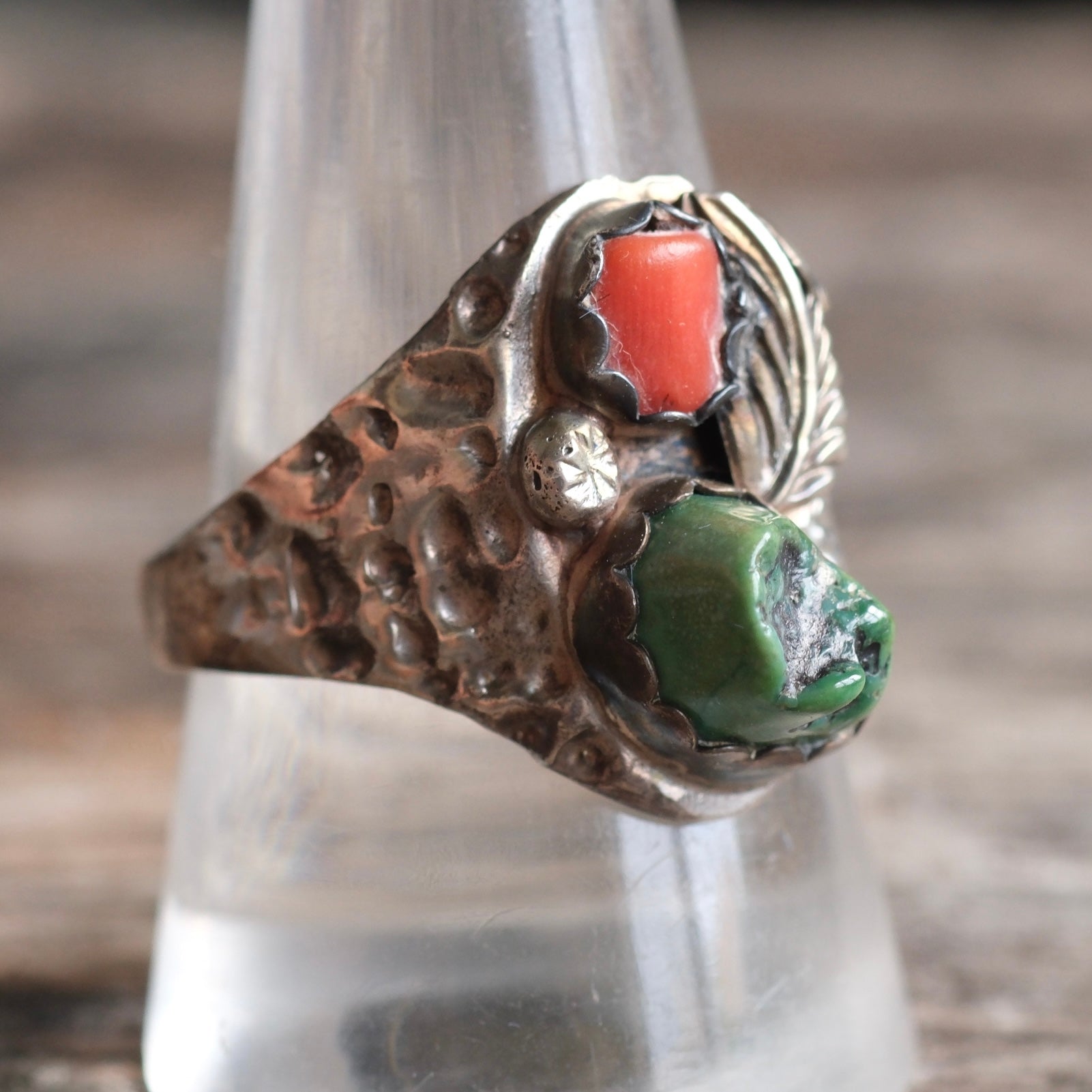Vintage Sterling Turquoise and Coral Feather Ring 10.5