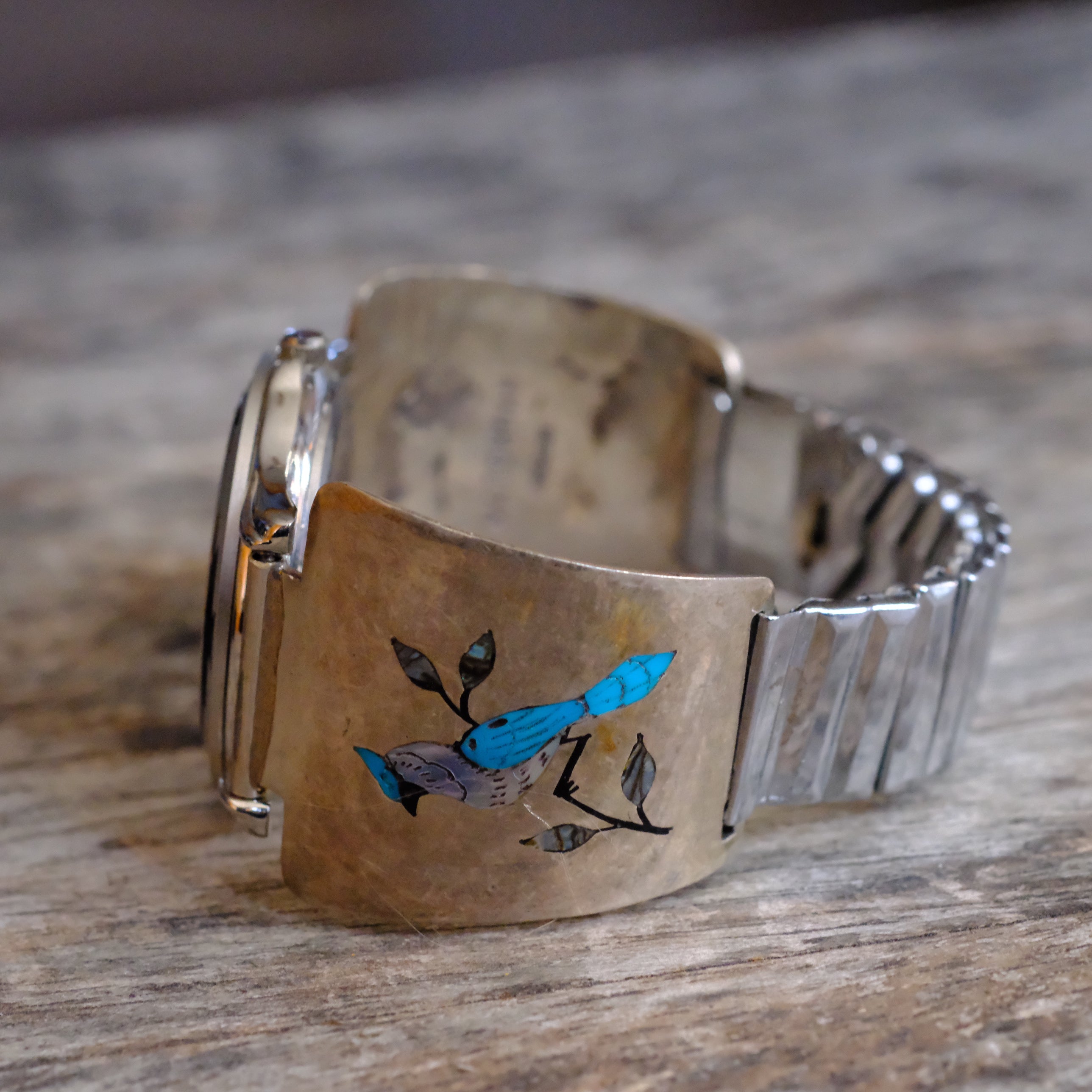 Vintage Sterling Inlay Blue Jay Watch With Turquoise Dial