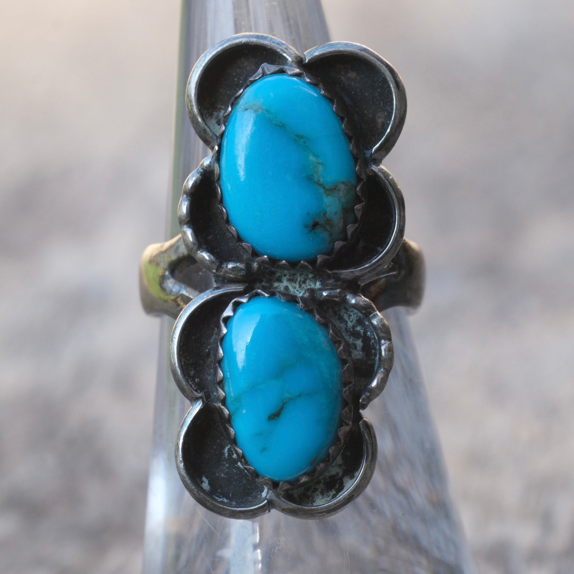 Vintage Sterling 2-Stone Turquoise Florette Ring 5