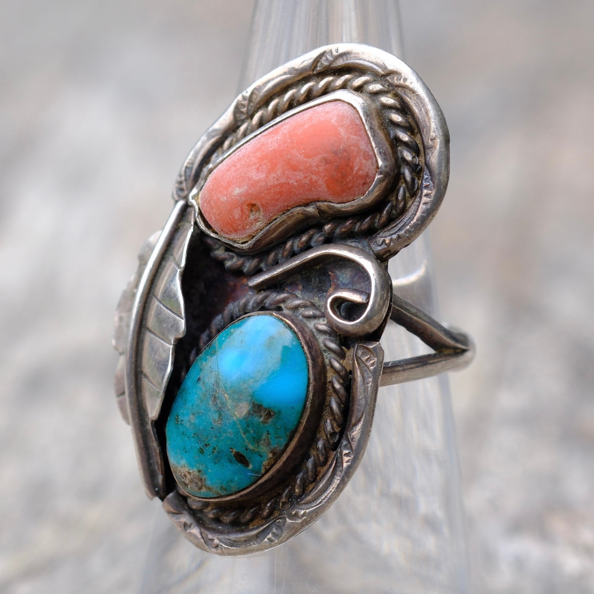 Vintage Sterling Turquoise and Coral Feather Ring 6.5