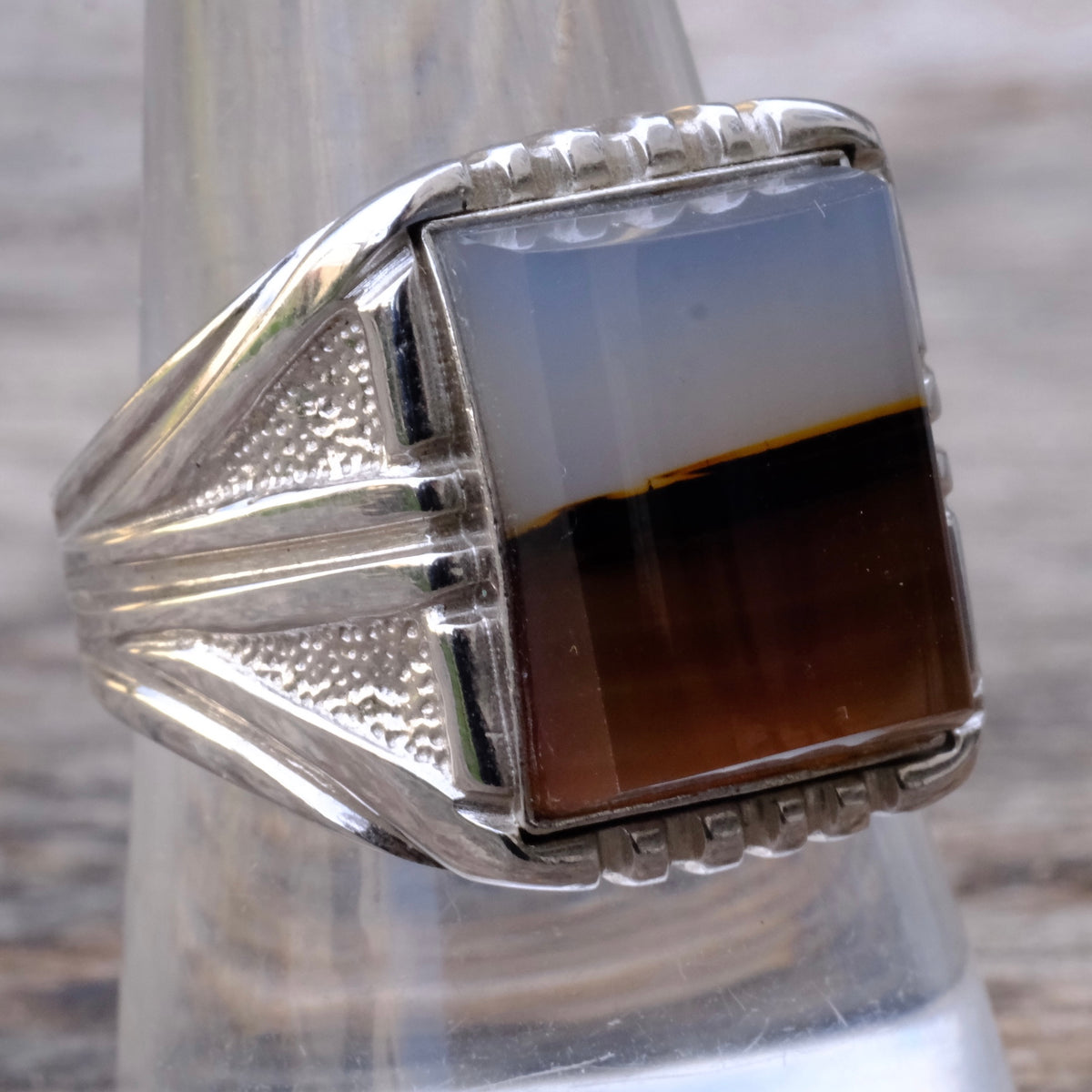 Vintage Sterling Agate Signet Ring 9.75