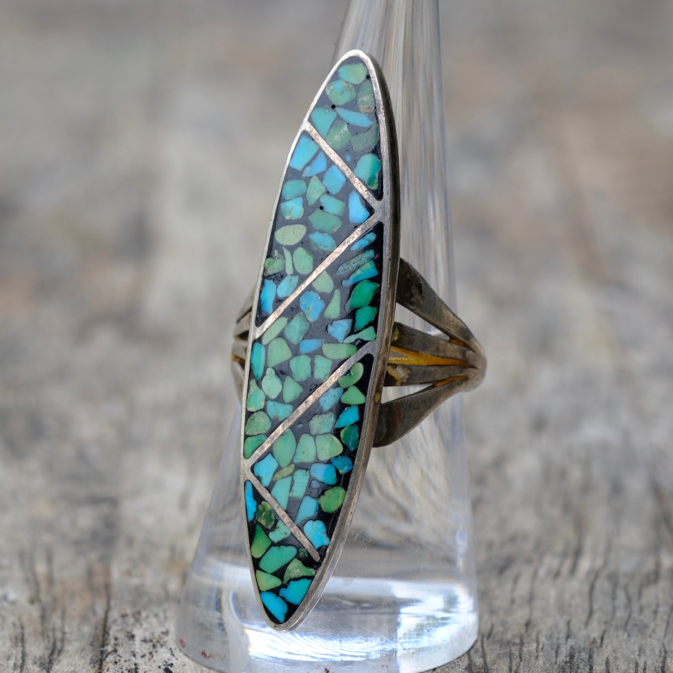 Vintage Sterling Turquoise Inlay Ring 7.75