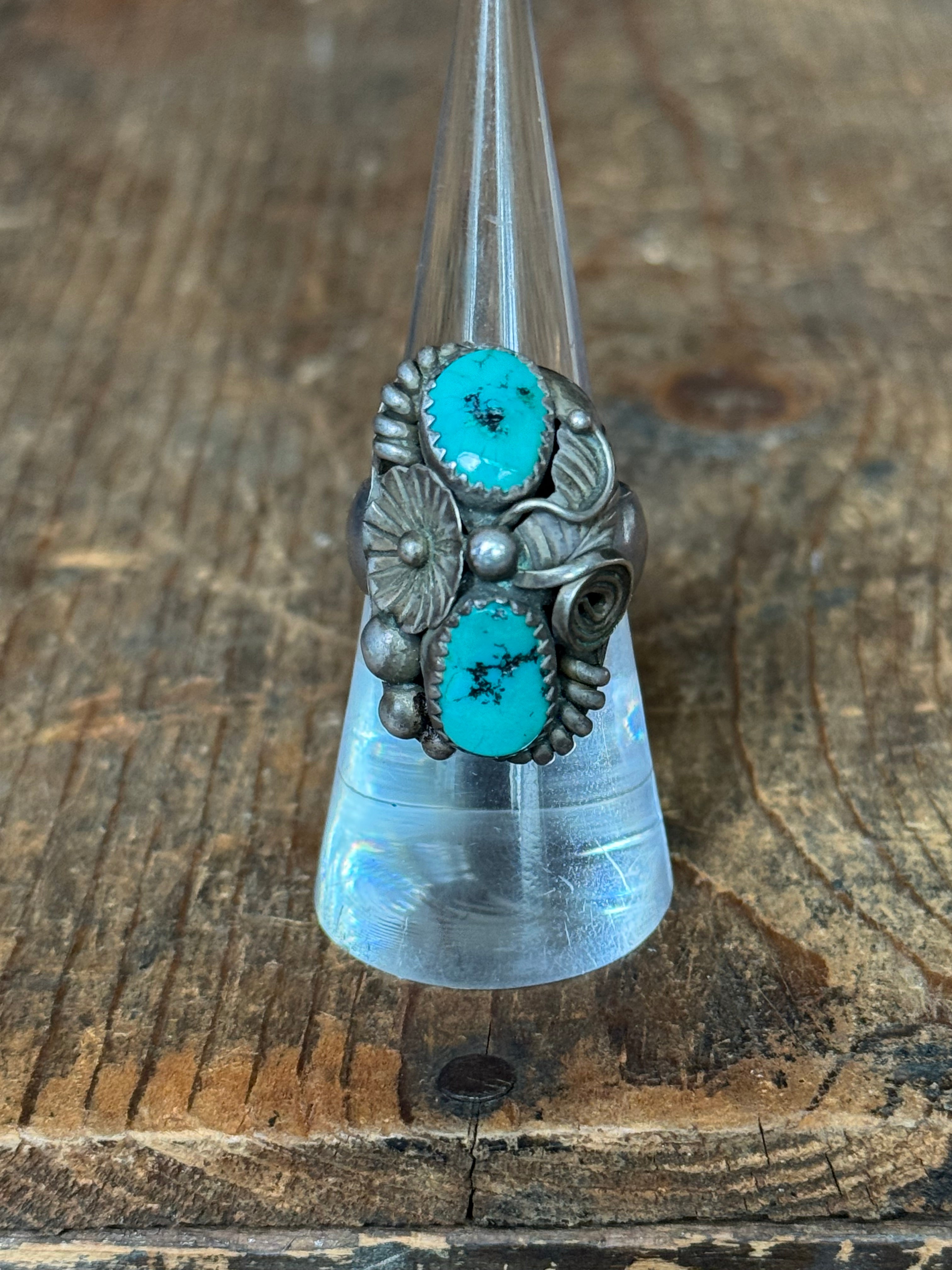 Vintage Sterling Silver Turquoise Flower Ring 7.25