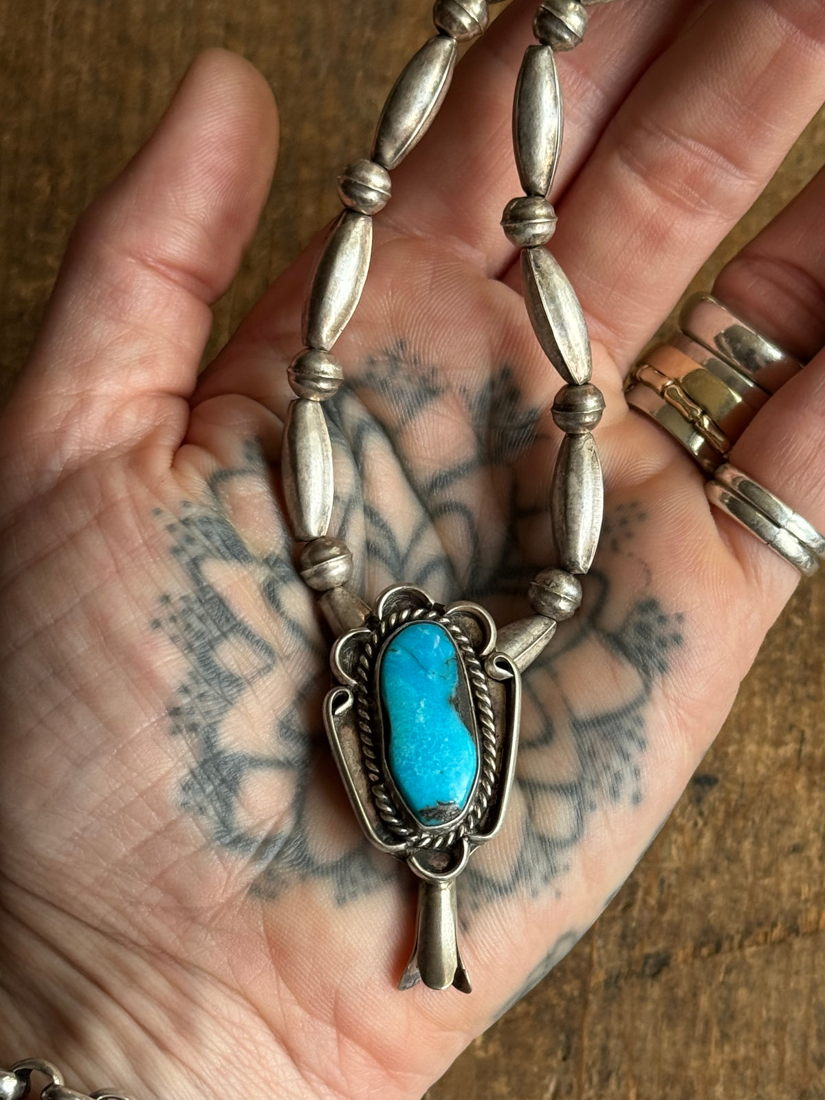 Vintage Sterling Silver Turquoise Squash Bell Necklace