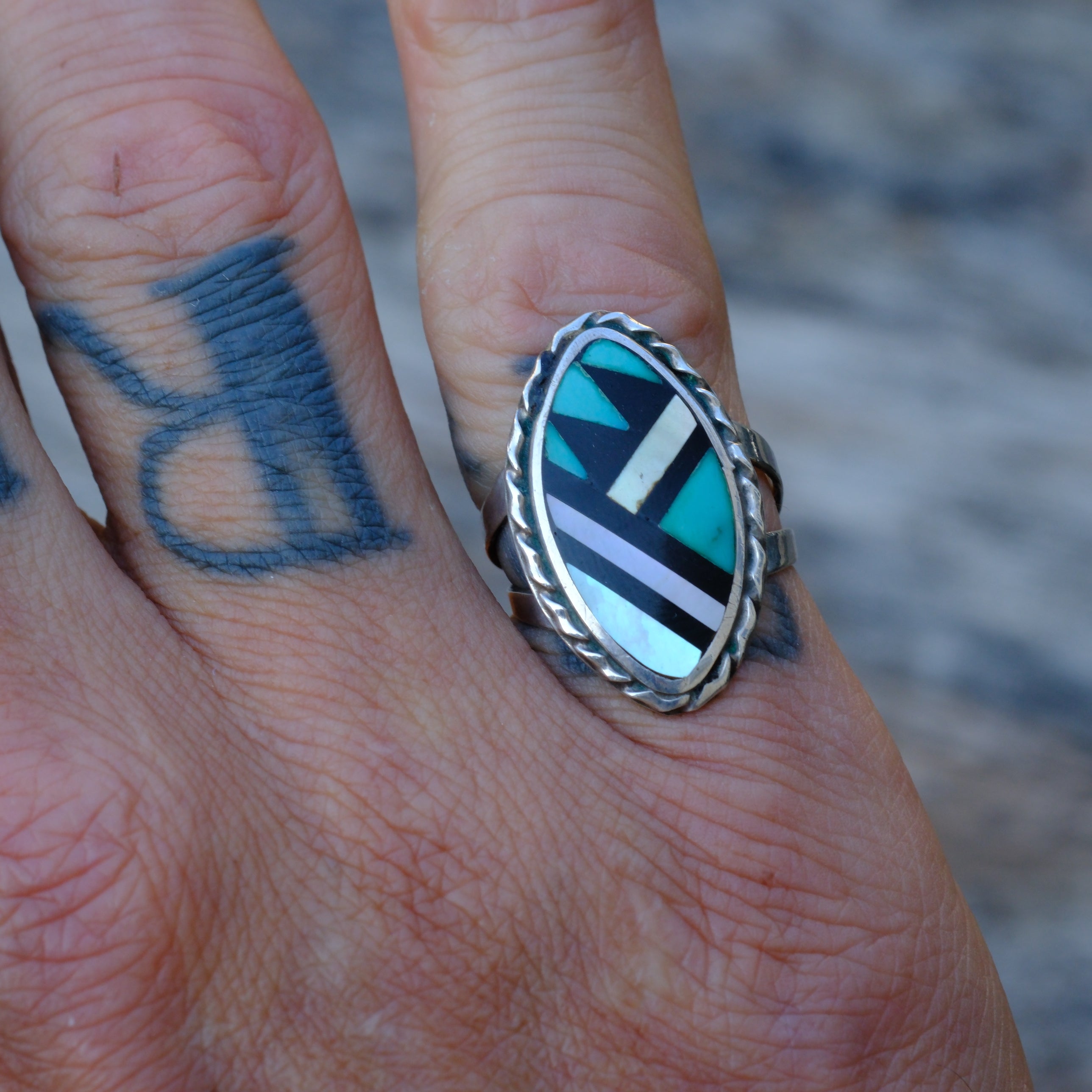 Vintage Sterling Zuni Inlay Ring 5.25