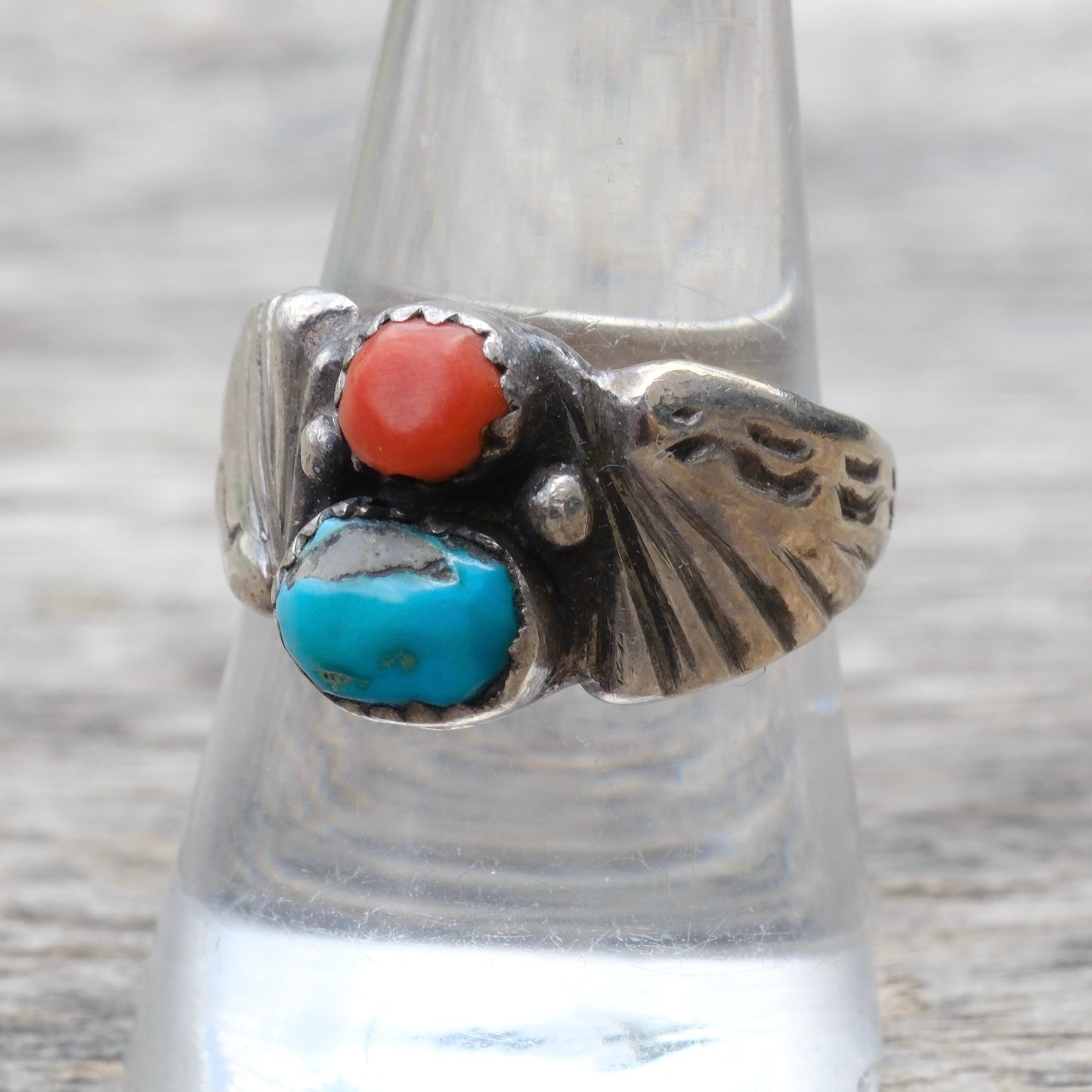 Vintage Sterling Turquoise and Coral Stamped Band Ring 8.75