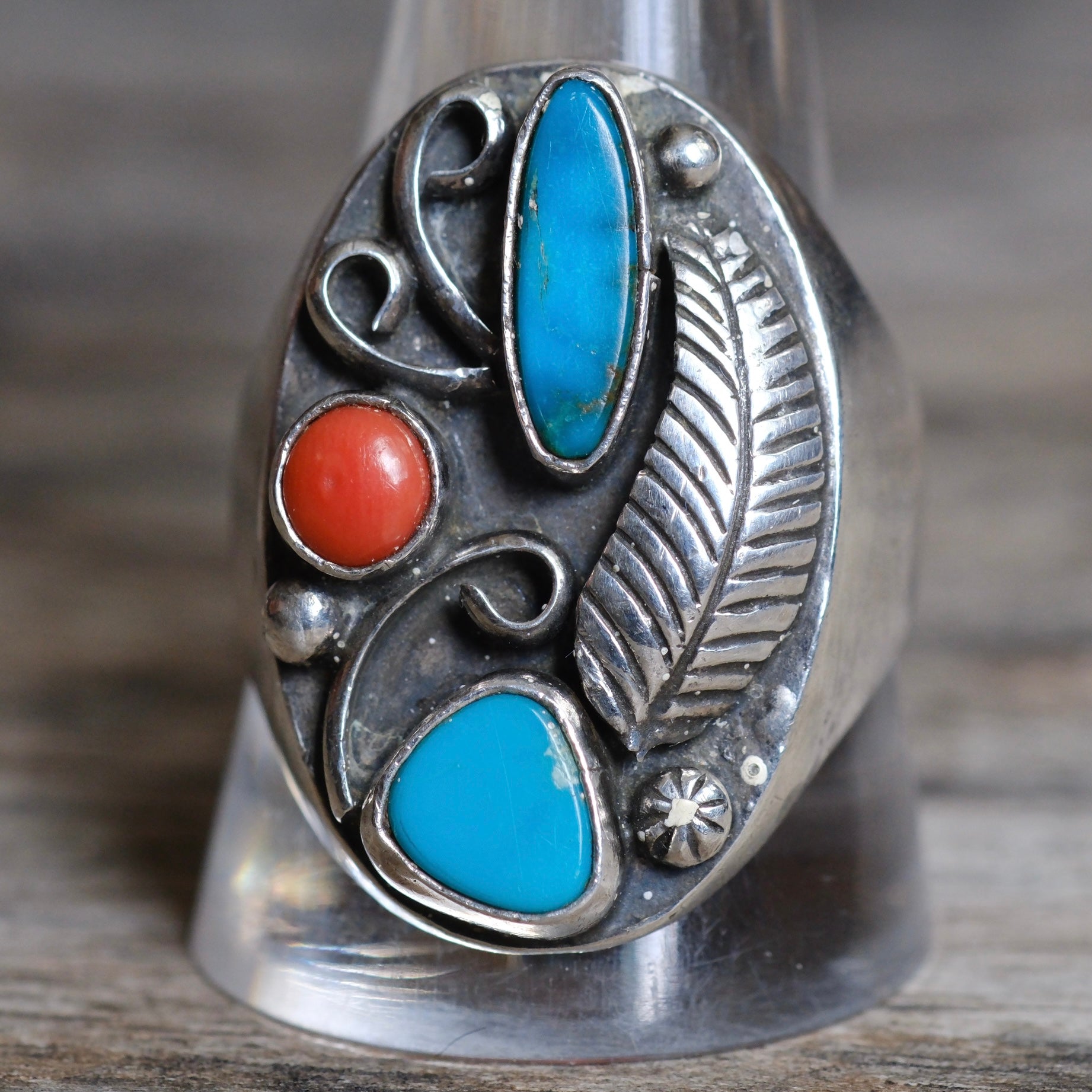 Vintage Sterling Turquoise and Coral Feather Ring 12