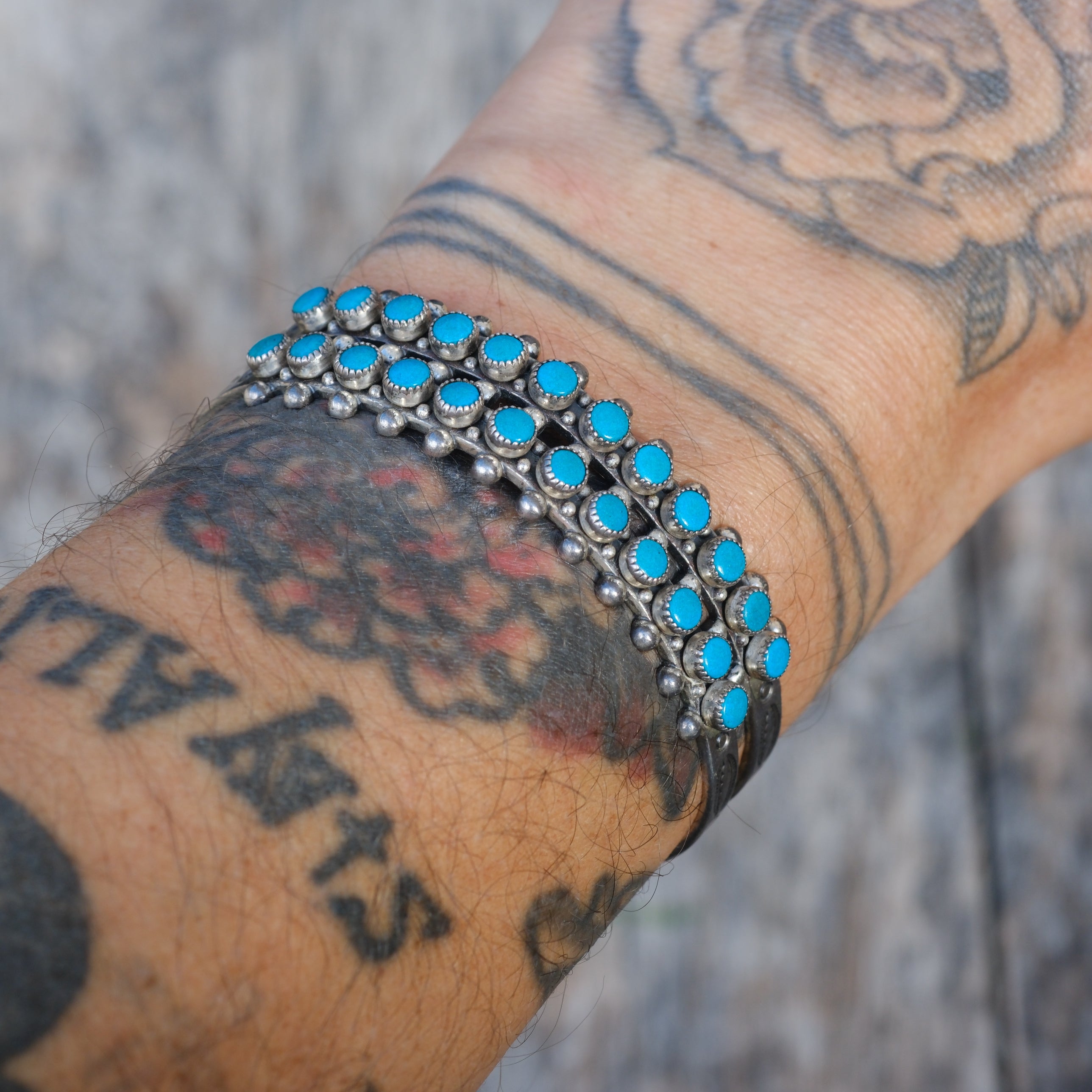 Vintage Sterling Double Row Snake Eye Turquoise Cuff Bracelet