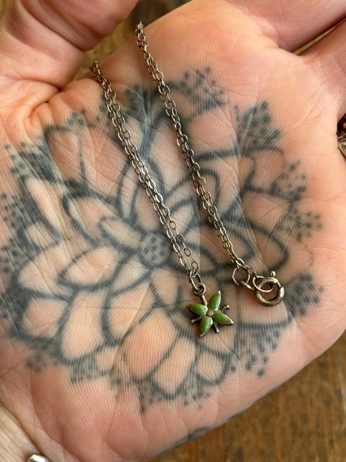 Vintage Sterling Silver Green Enamel Flower Necklace