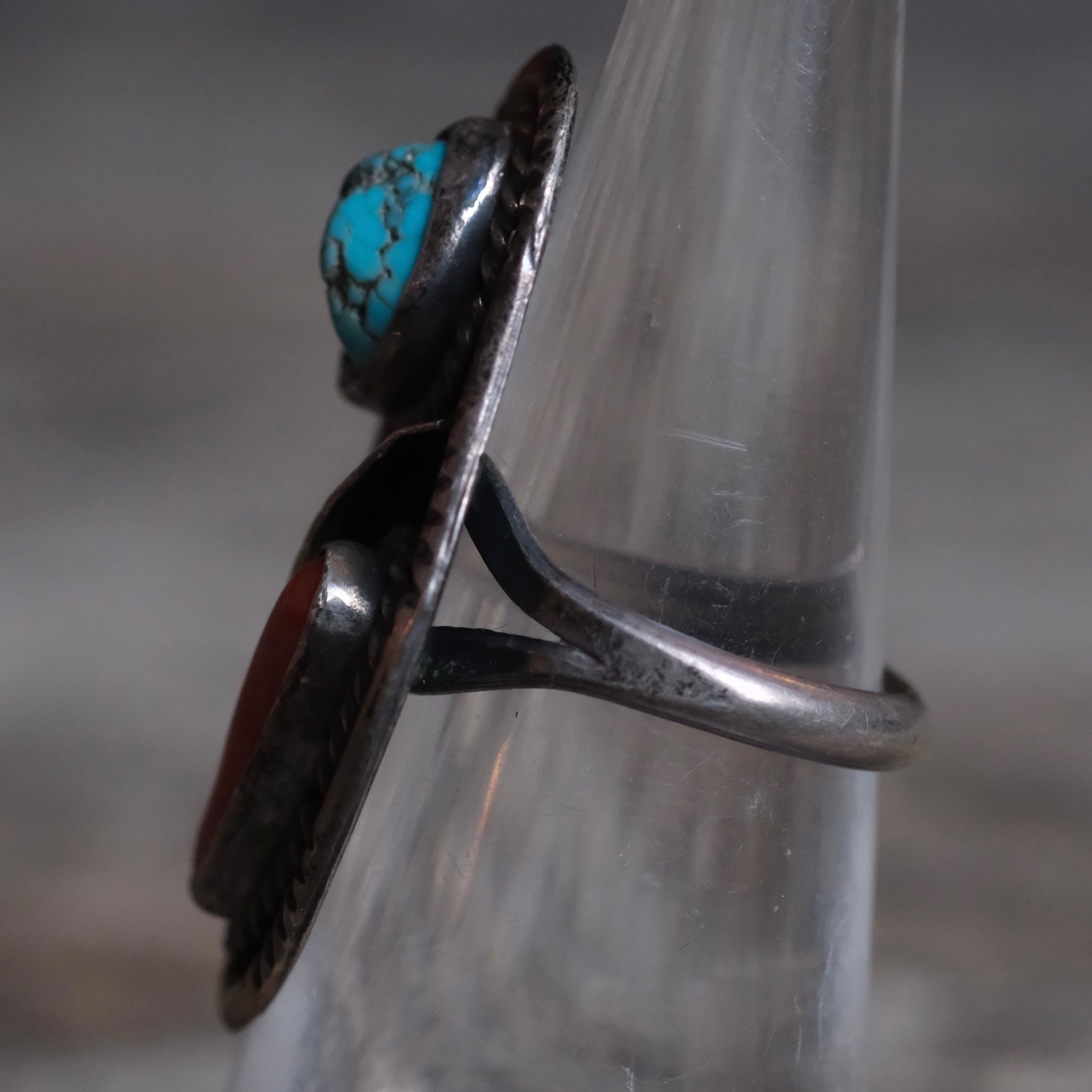 Vintage Sterling Turquoise and Coral Feather Ring 5.75