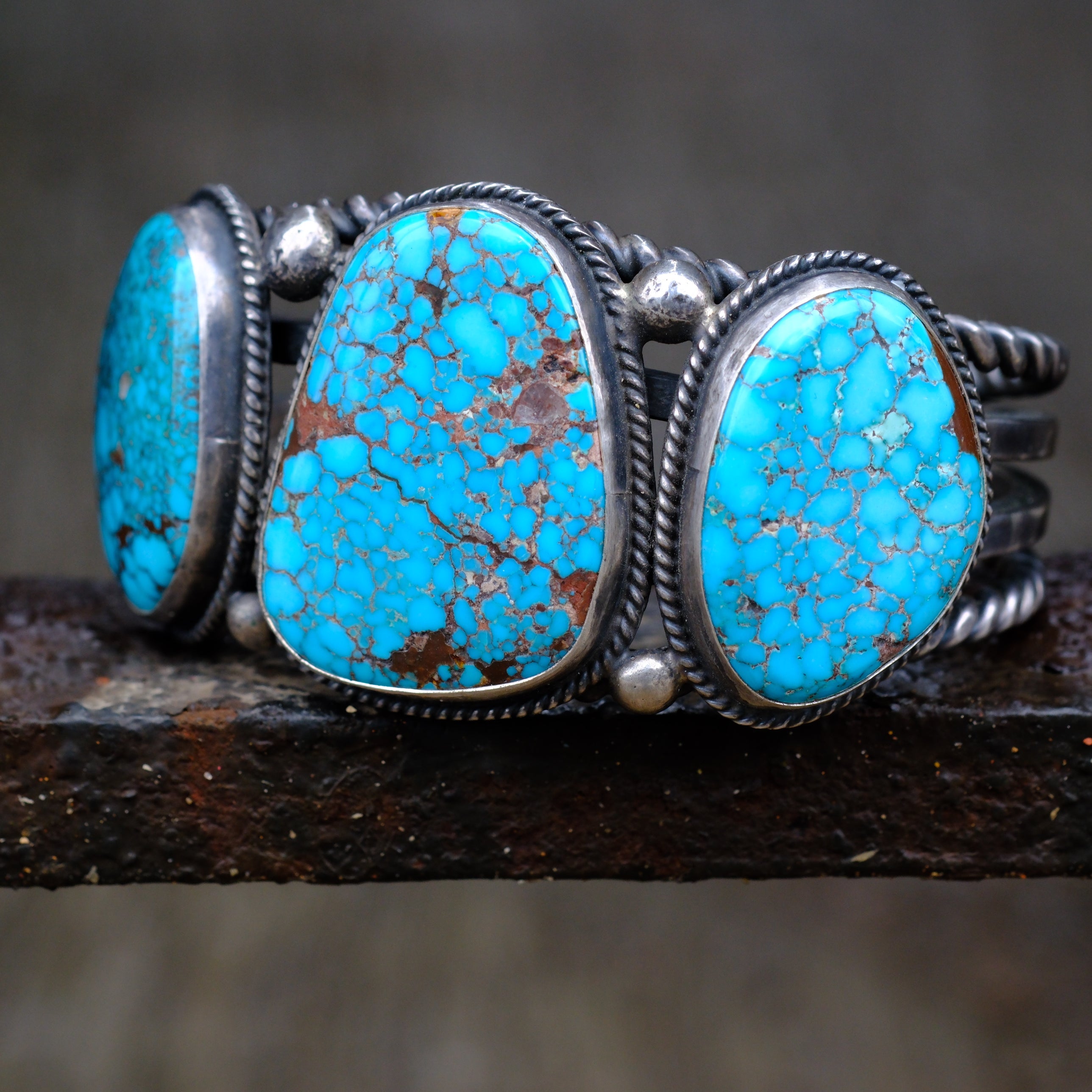 HEAVY Vintage Sterling 3-Stone Turquoise Cuff Bracelet