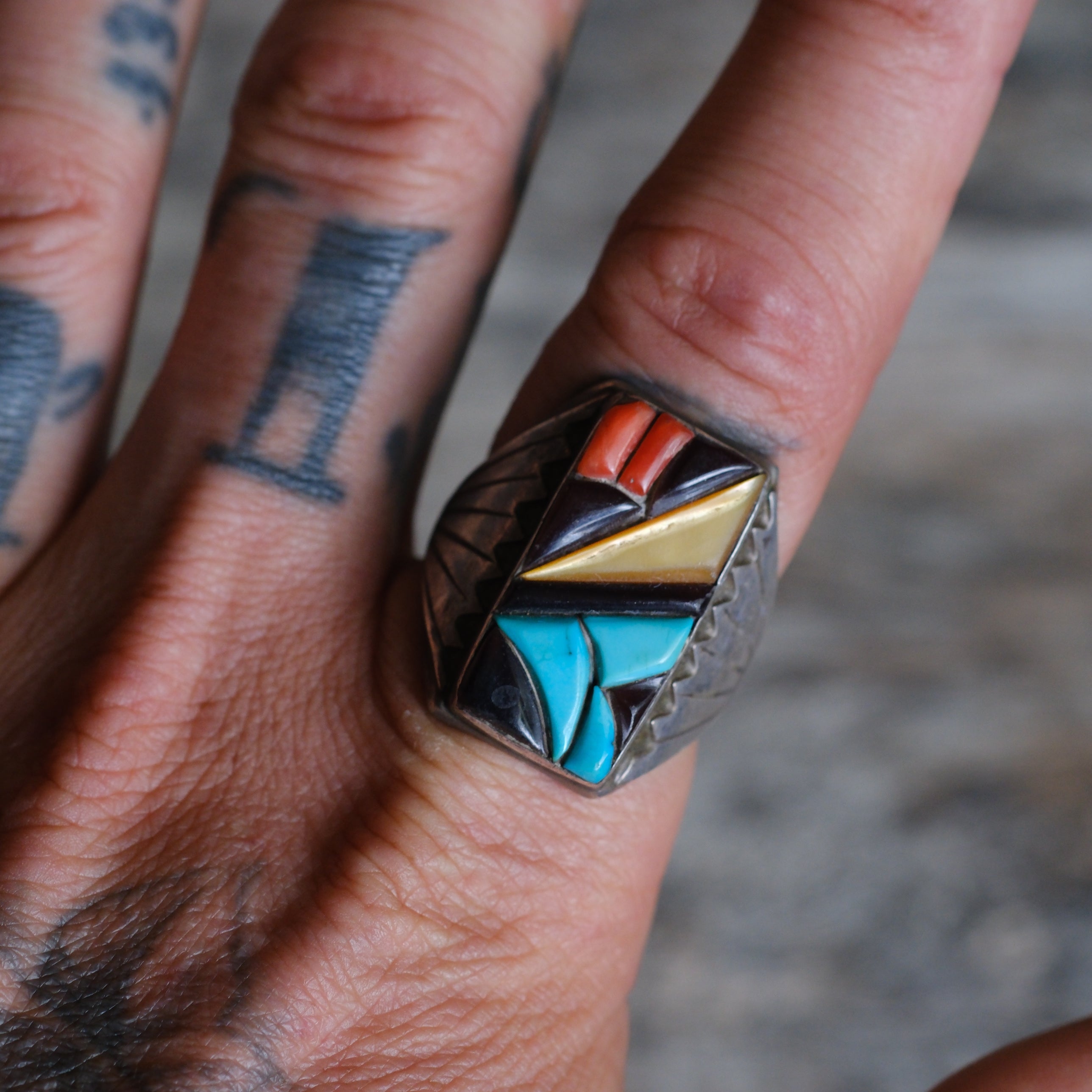 Vintage Sterling Multistone Inlay Winged Band Ring 11.5