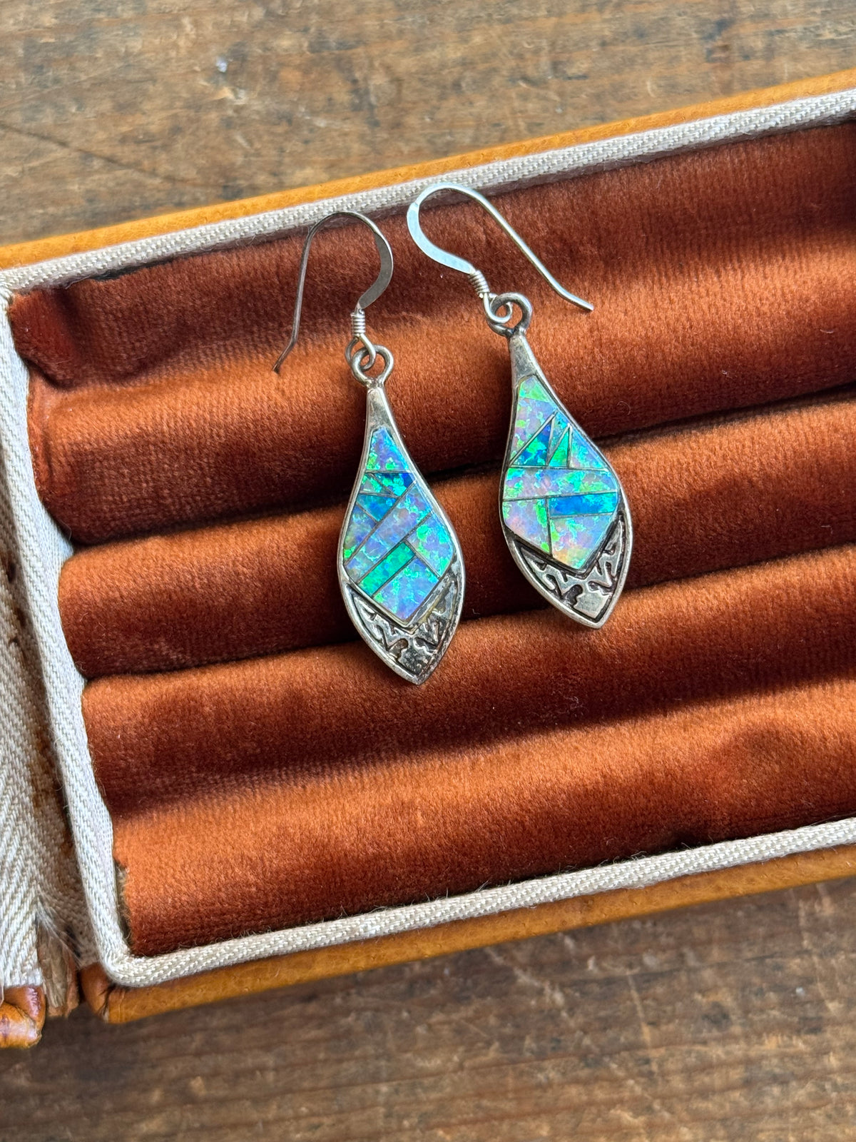 Vintage Sterling Silver Galaxy Opal Inlay Shield Earrings