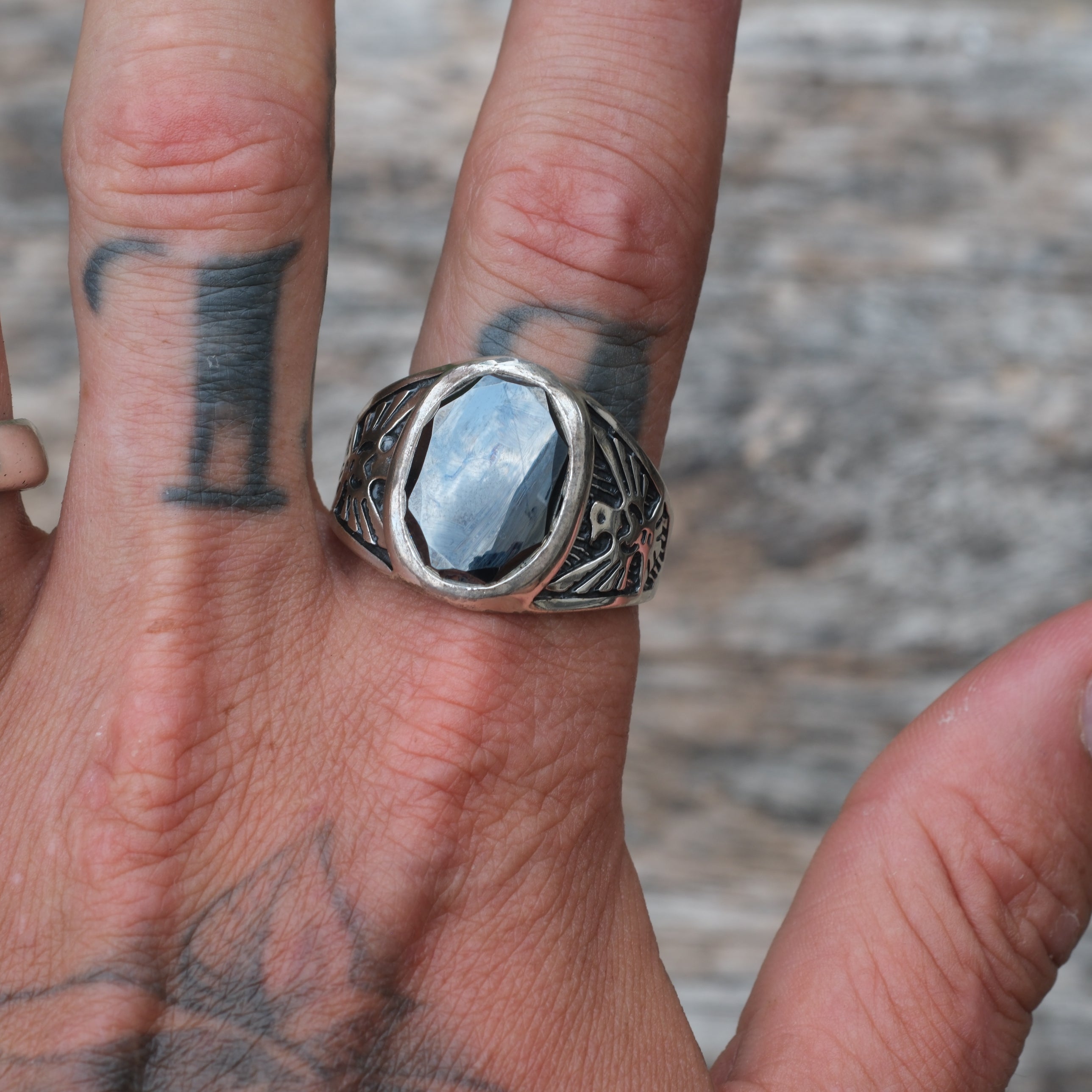 Vintage Sterling Hematite Thunderbird Ring 15