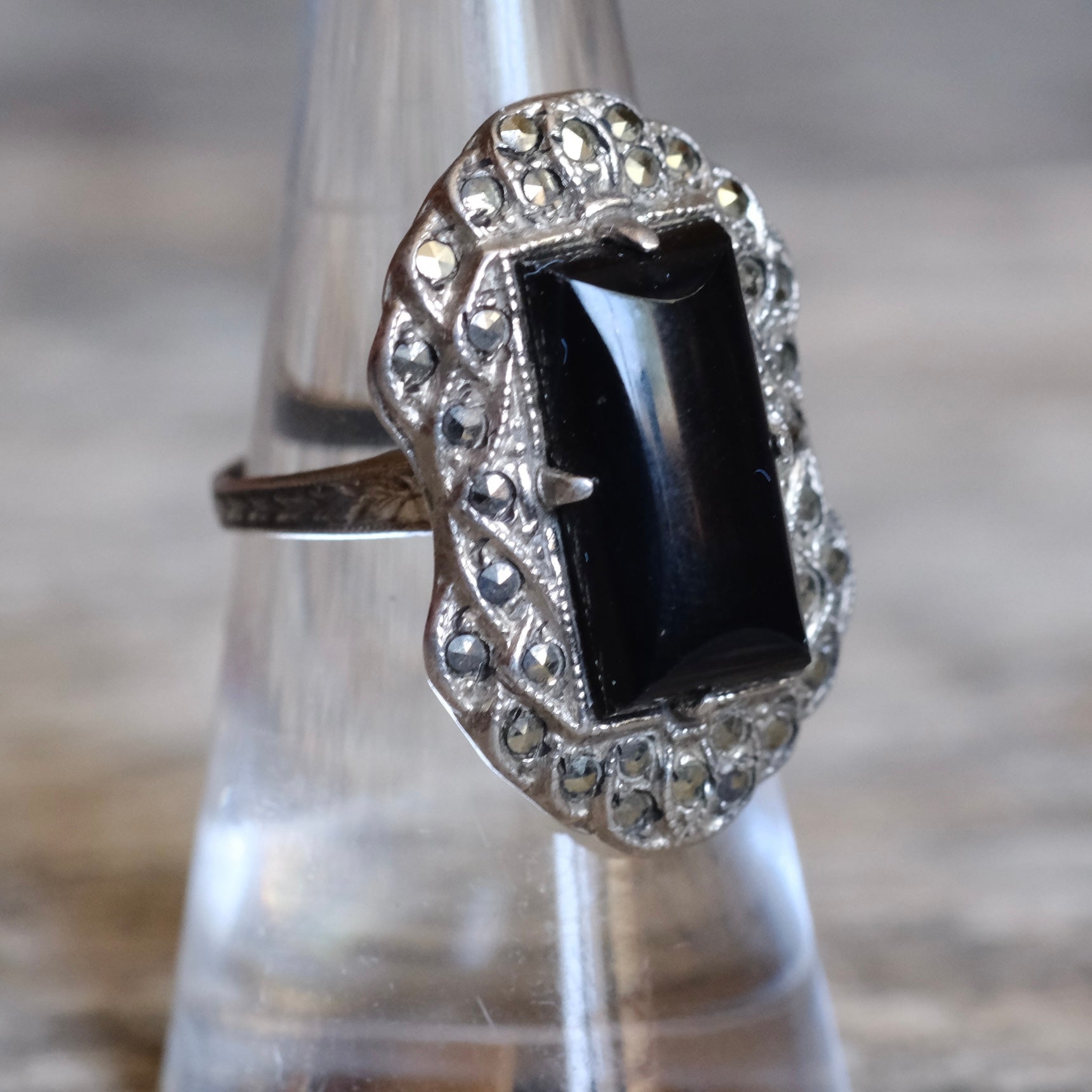 Vintage Sterling Onyx Marcasite Ring 6.75
