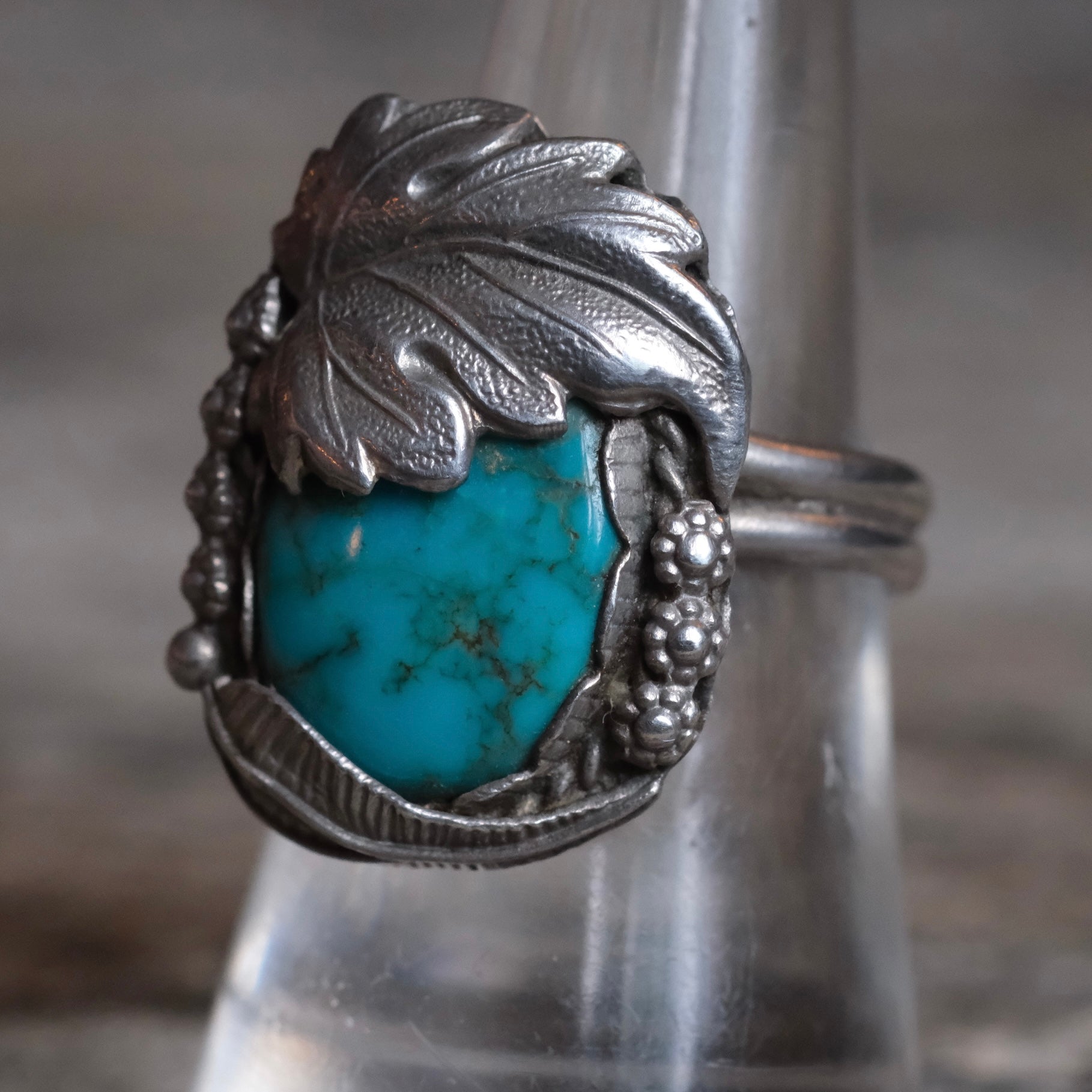 Vintage Sterling Turquoise Leaf and Feather Ring 8