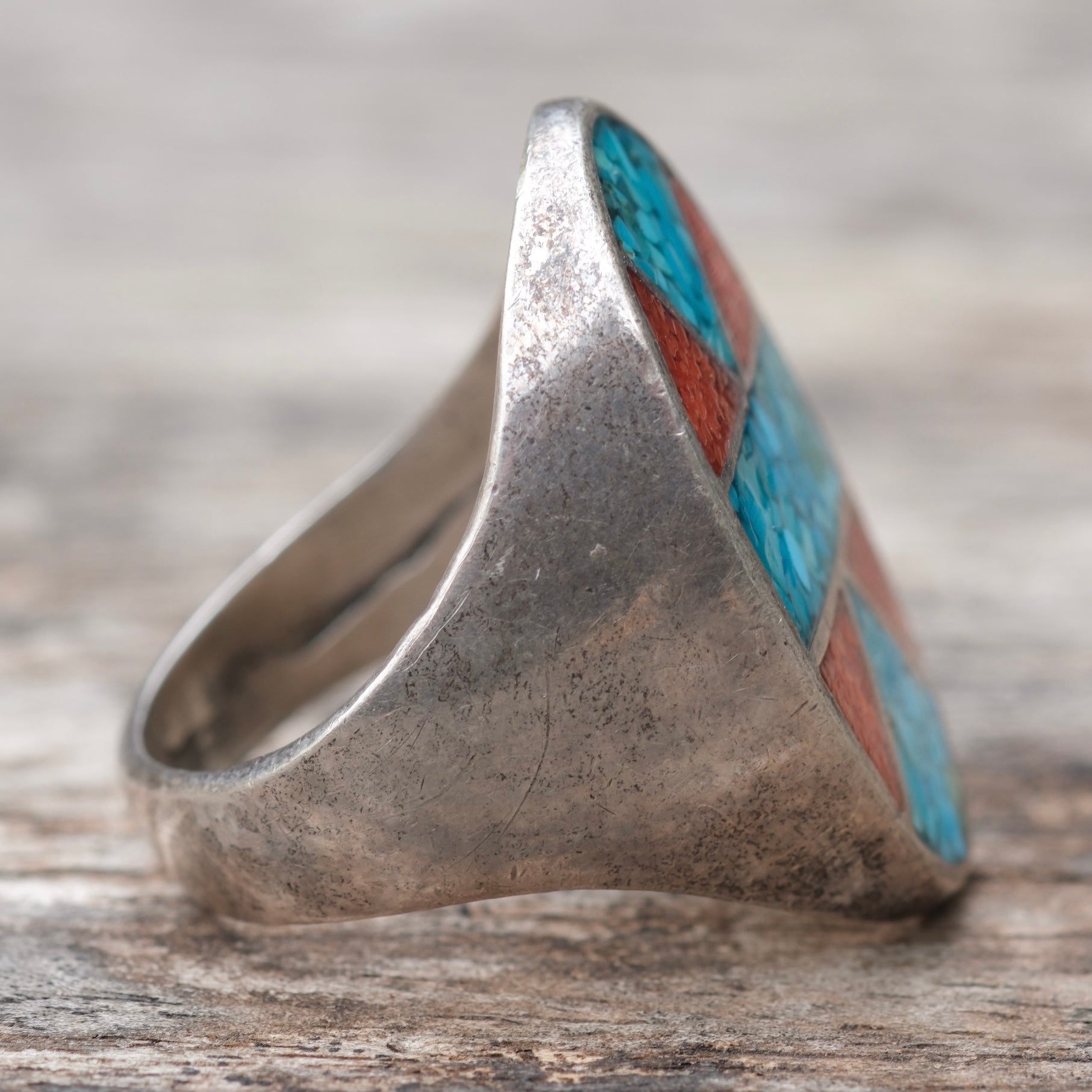 Vintage Sterling Turquoise and Coral Inlay Ring 9.75