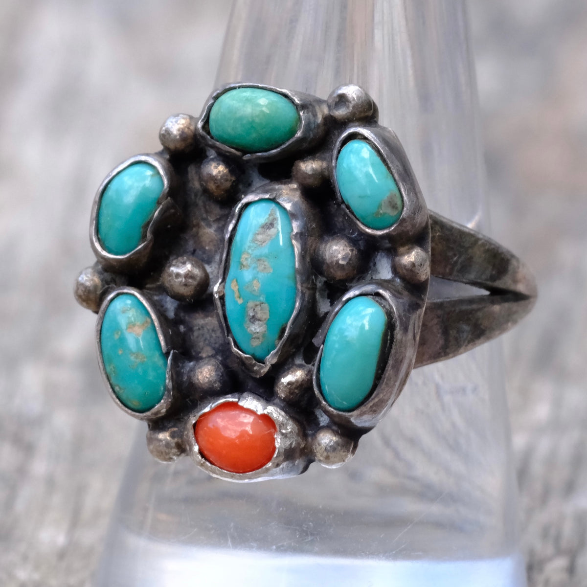 Vintage Sterling Turquoise and Coral Cluster Ring 8.75