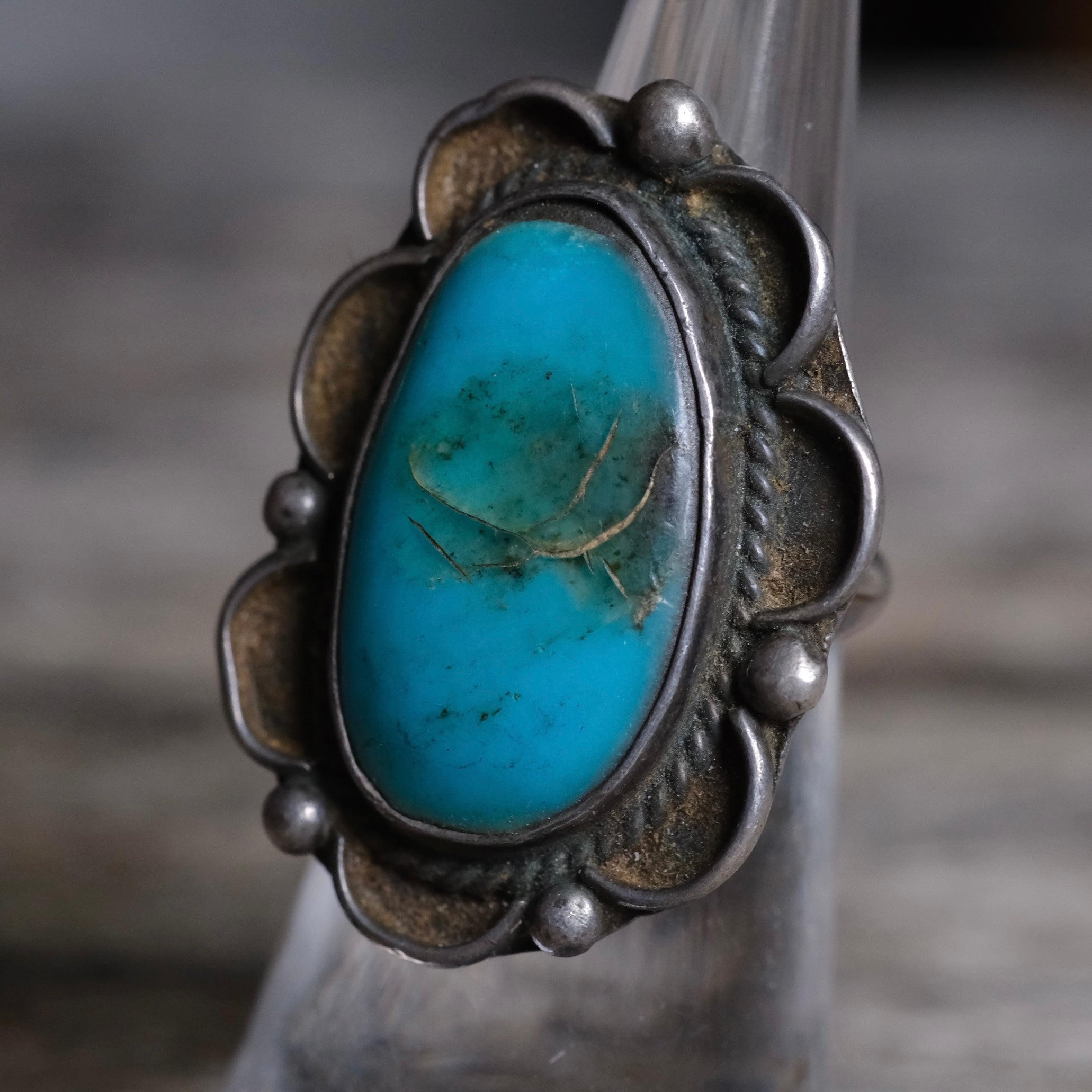 Vintage Sterling Turquoise Florette Ring 4.5