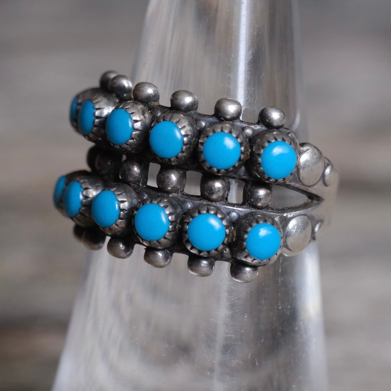 Vintage Sterling Snake Eye Turquoise Double Row Ring 5.5