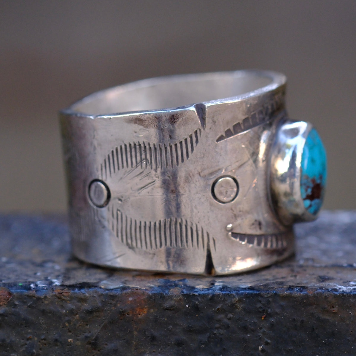 Sterling Silver Bisbee Turquoise Stamped Cigar Band Ring 11
