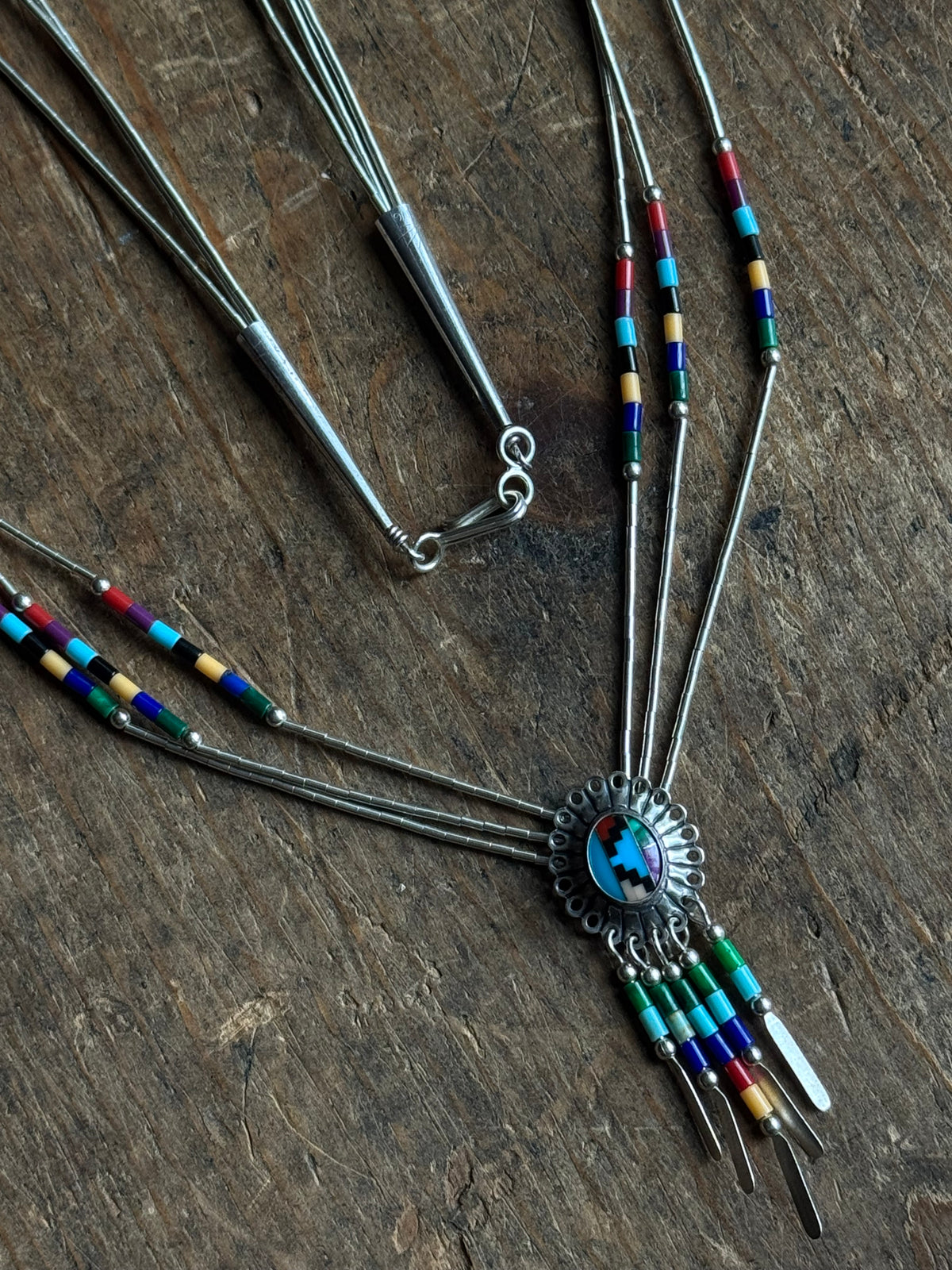 Vintage Sterling Silver Liquid Silver Beaded Multistone Inlay Concho Necklace