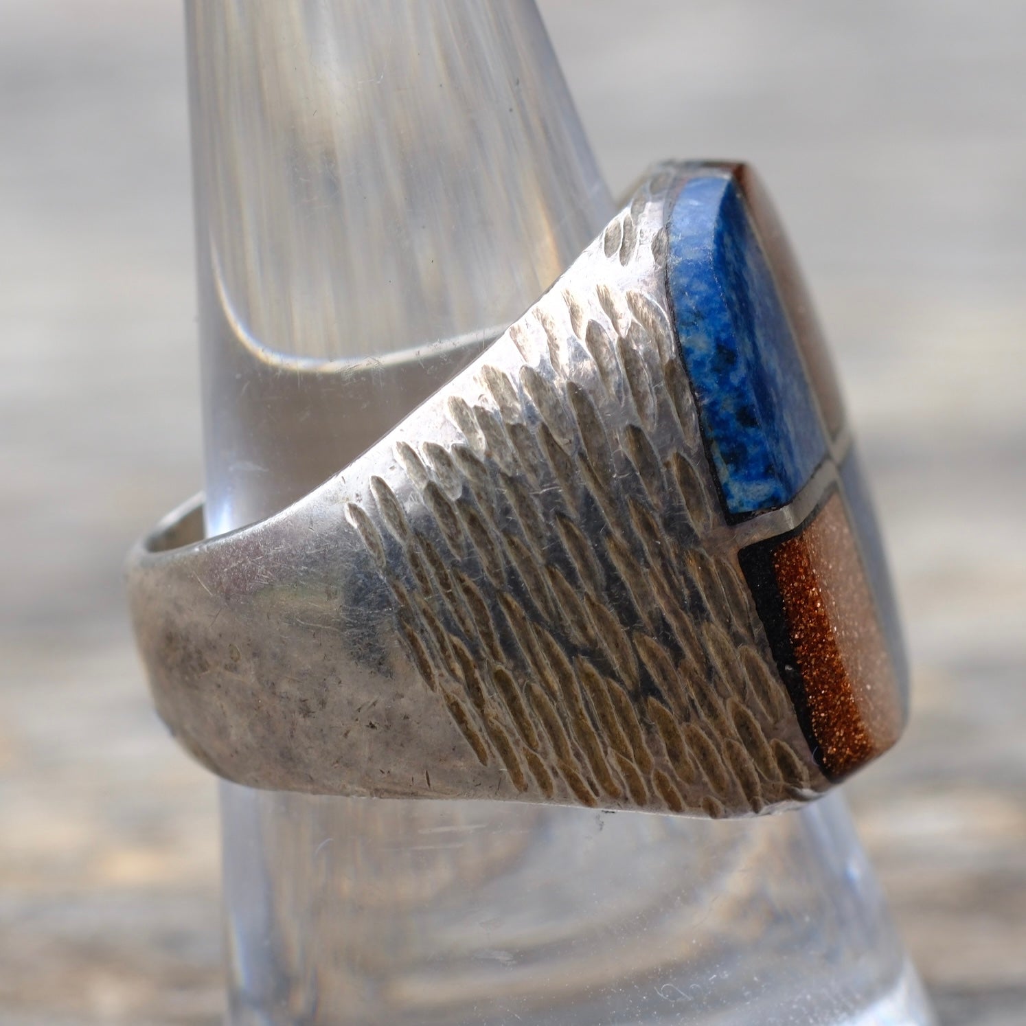 Vintage Sterling Lapis and Goldstone Inlay Ring 9