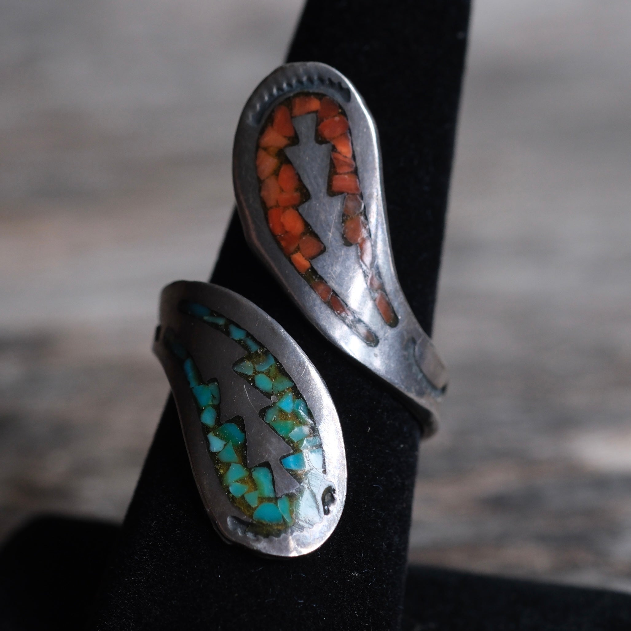 Vintage Sterling Turquoise and Coral Overpass Ring 8