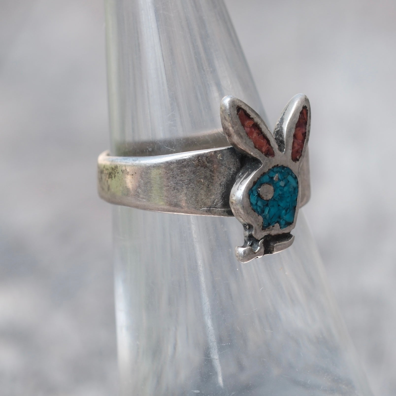 Vintage Sterling Turquoise and Coral Playboy Band Ring 5.5