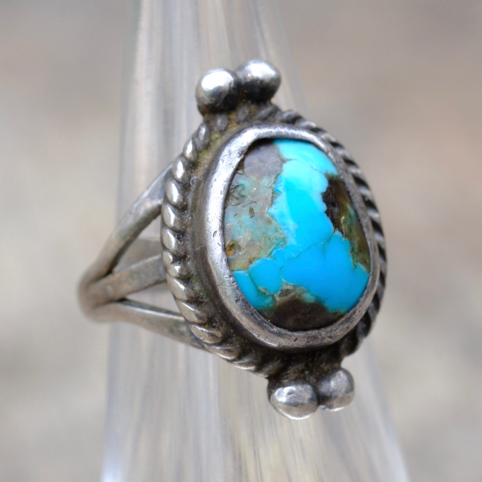 Vintage Sterling Turquoise Roper Ring 3.5