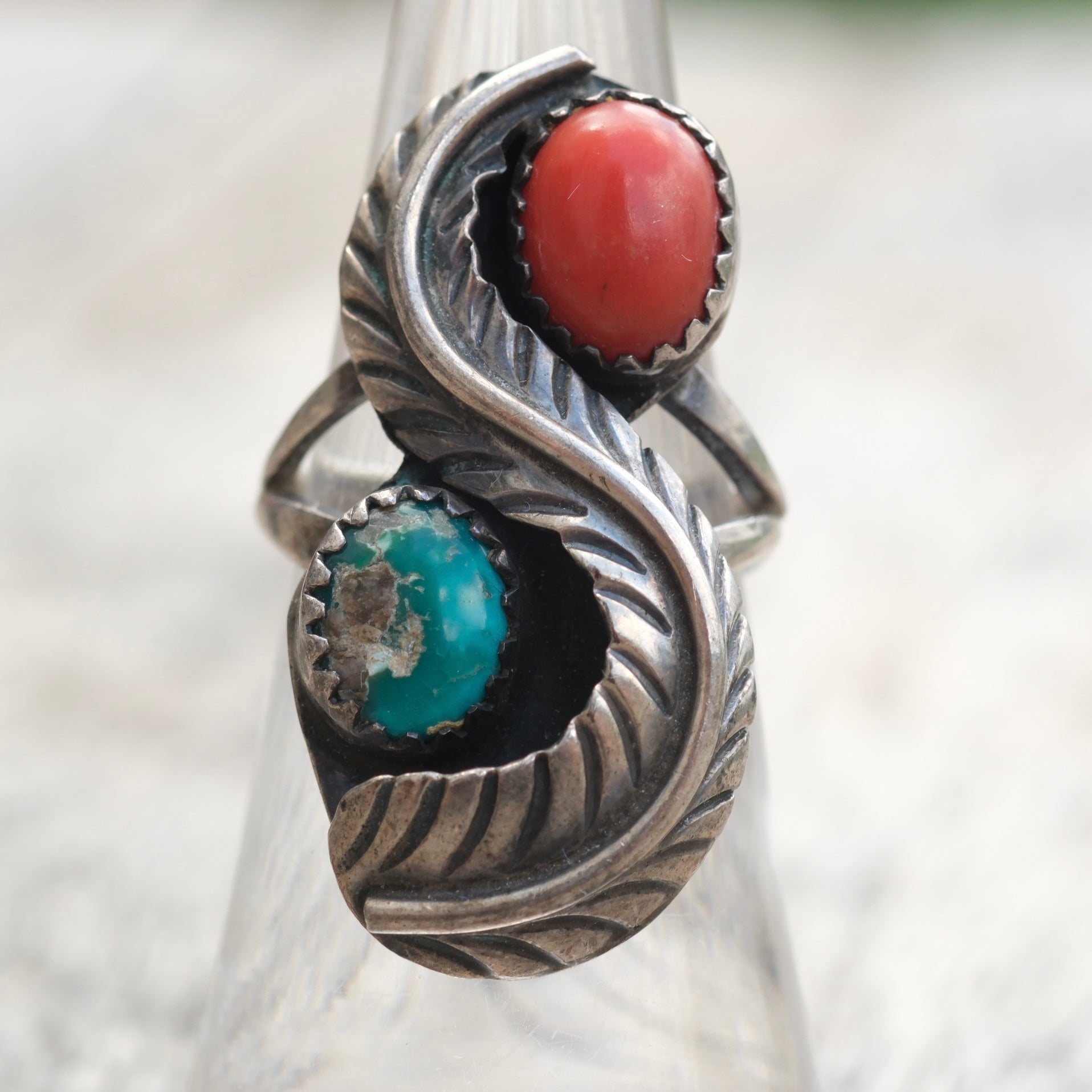 Vintage Sterling Turquoise and Coral Feather Ring 5.75