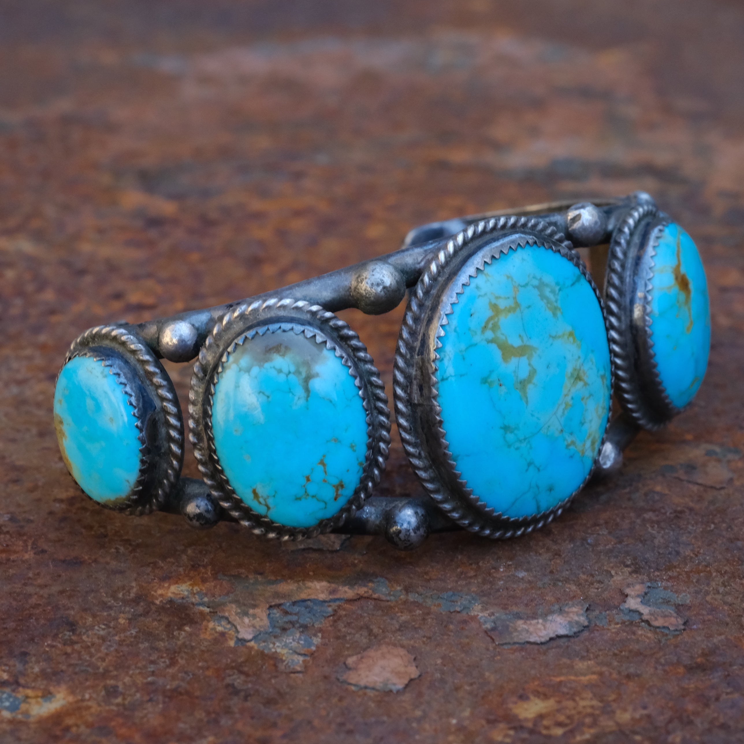 Heavy Vintage Sterling 5-Stone Turquoise Roper Cuff Bracelet