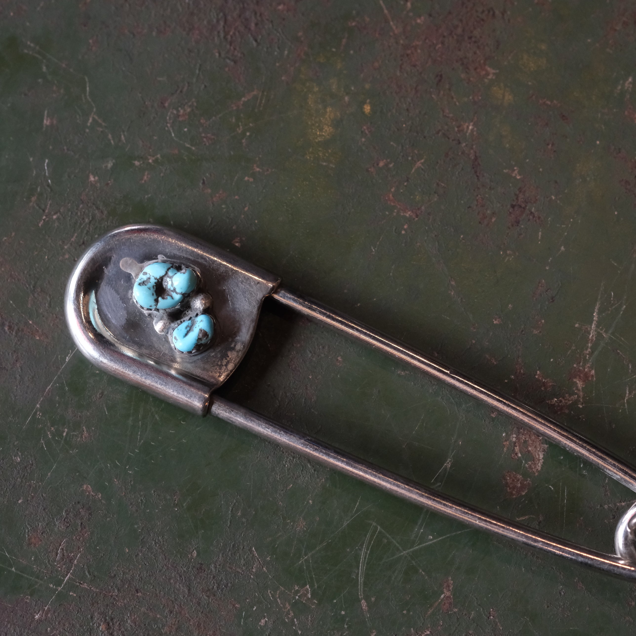 Vintage 2-Stone Turquoise Safety Pin Keychain 4"