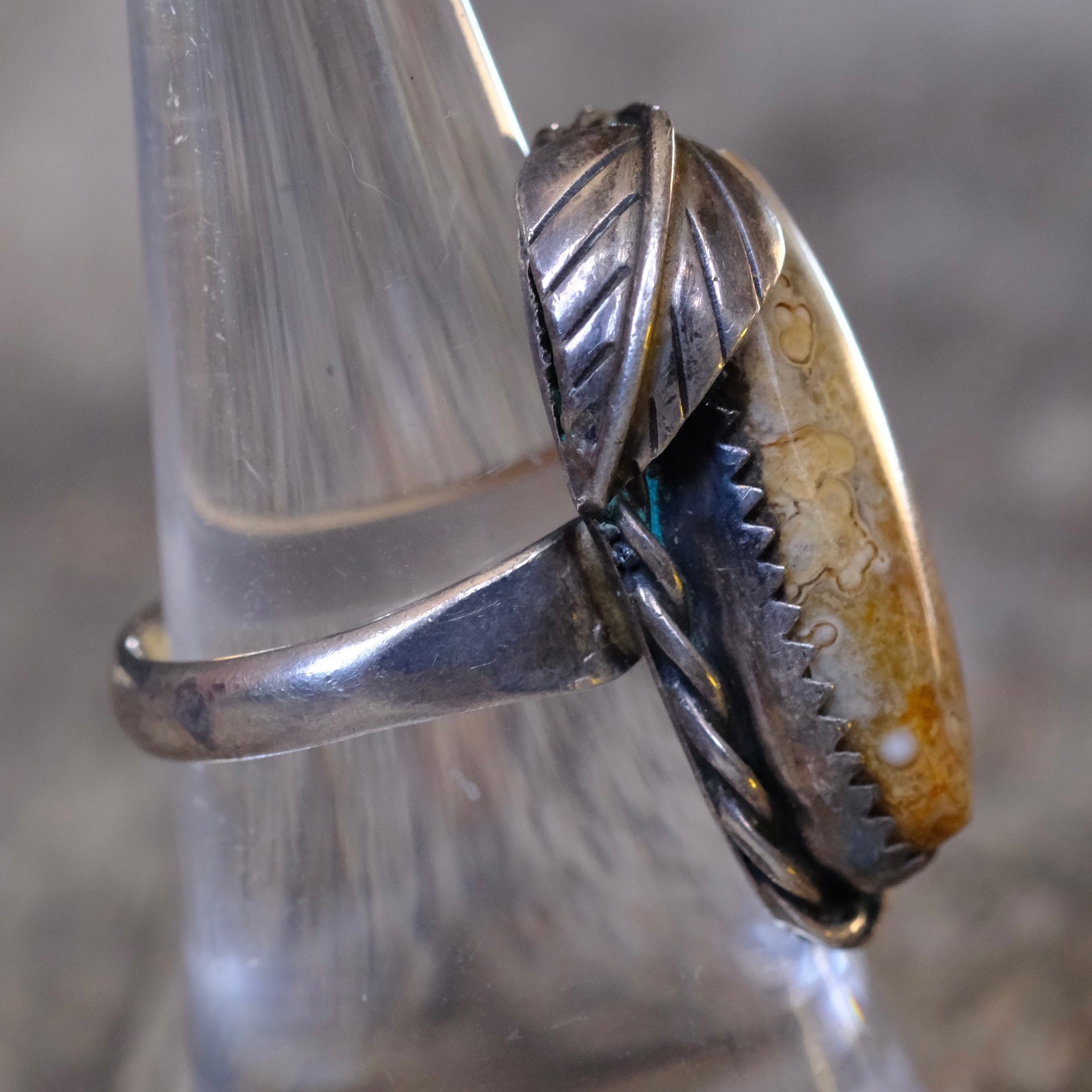 Vintage Sterling Jasper Feather Ring 7