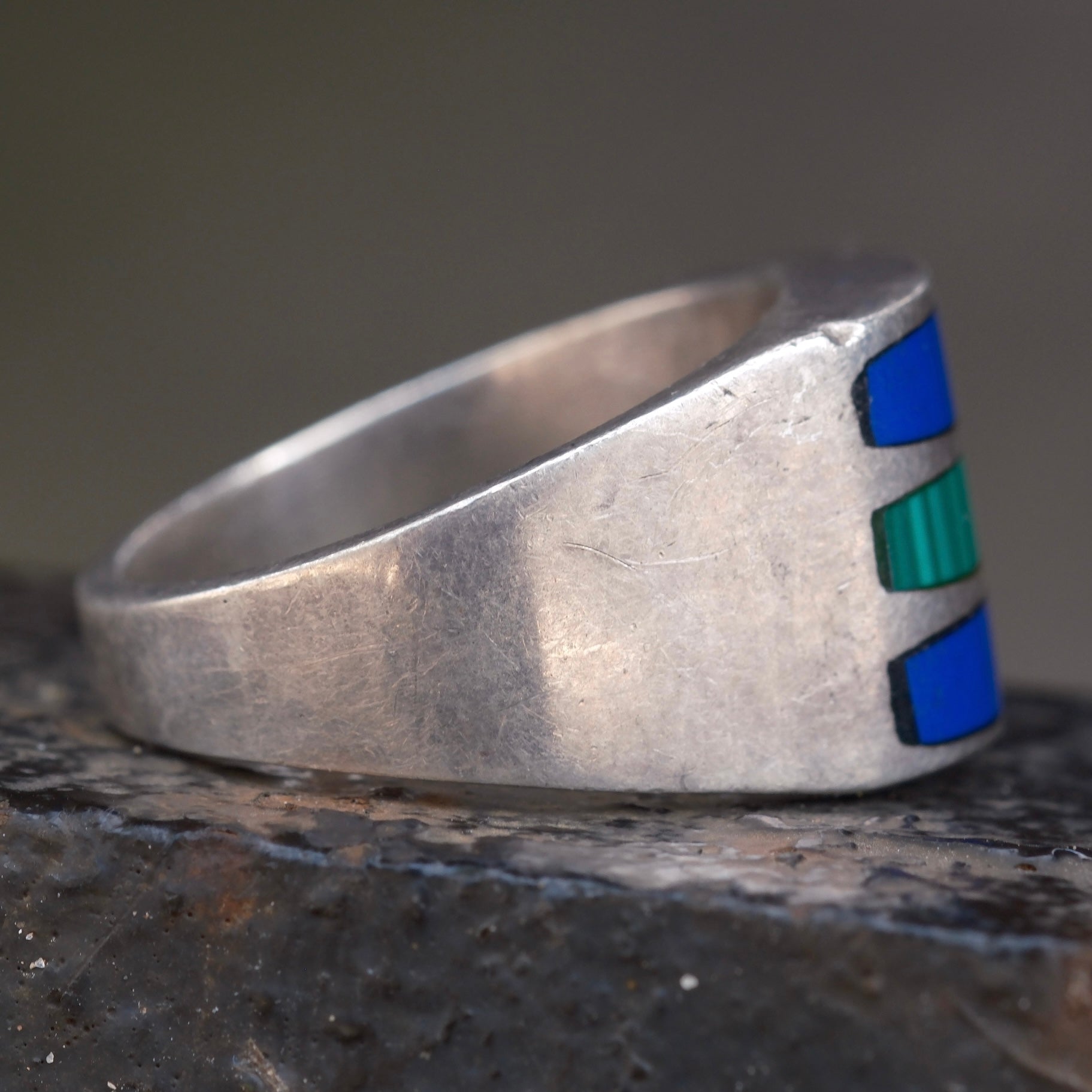 Vintage Sterling Multistone Inlay Striper Ring 12