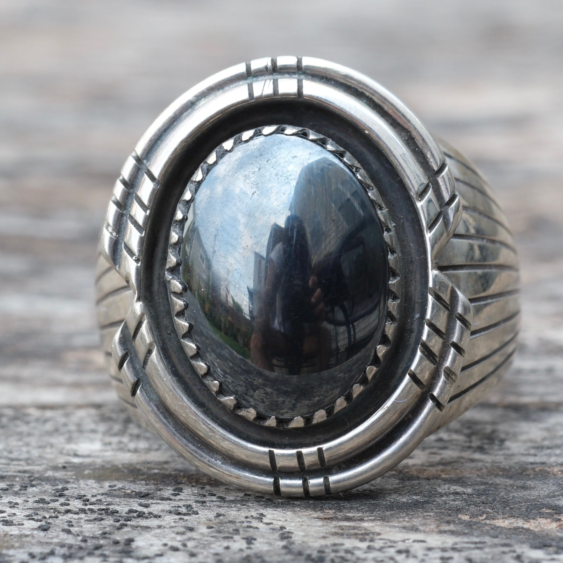Vintage Sterling Hematite Ribbed Band Ring 9.75